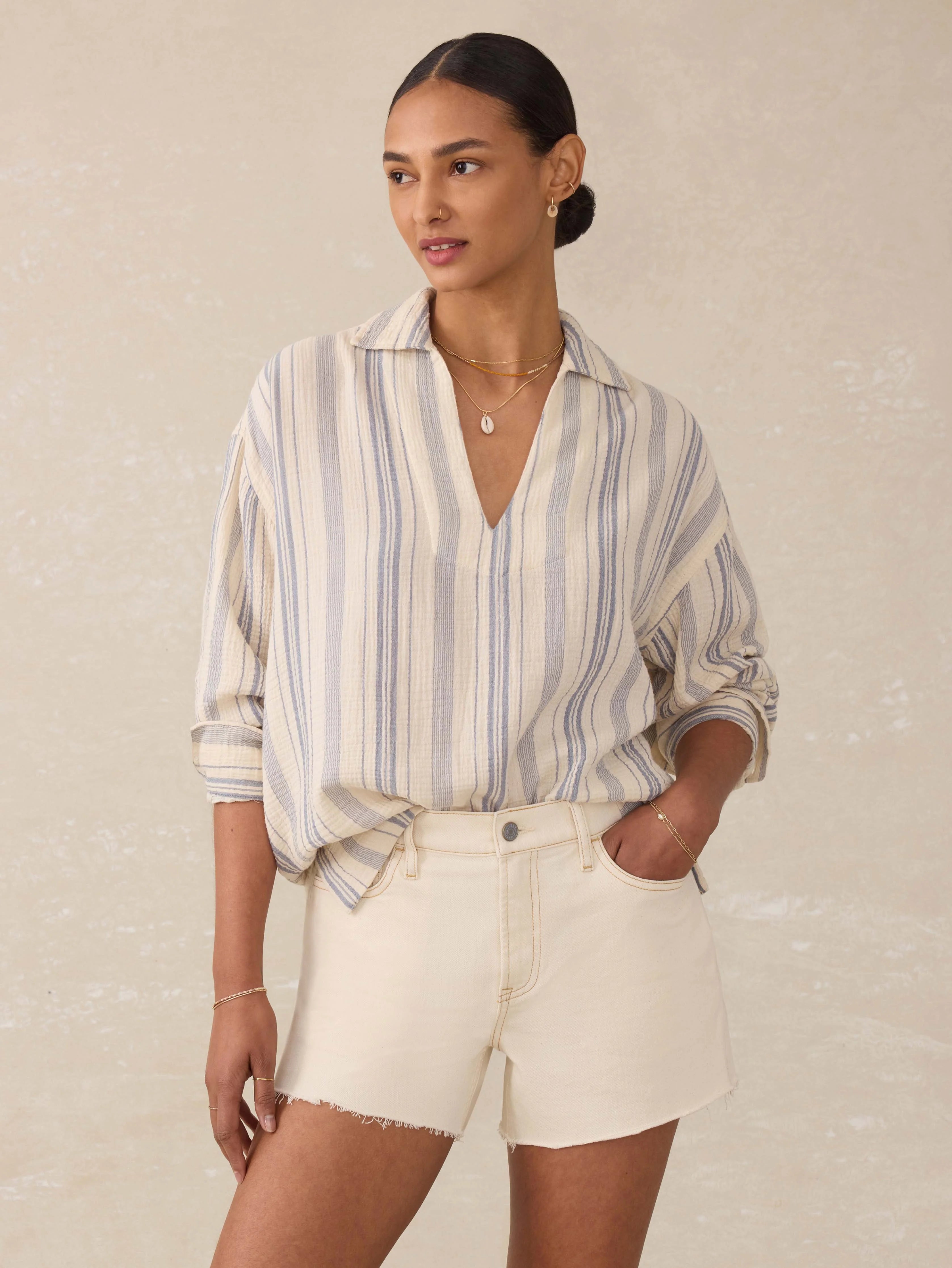 Dune Cotton Gauze Sail Away Top - Aqua Sea Stripe Main image
