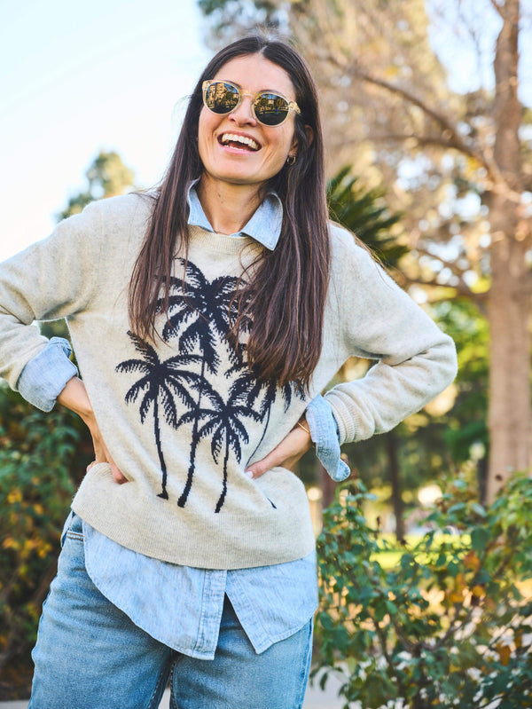 Palm Coast Cashmere Crewneck - Navy Palm Horizon