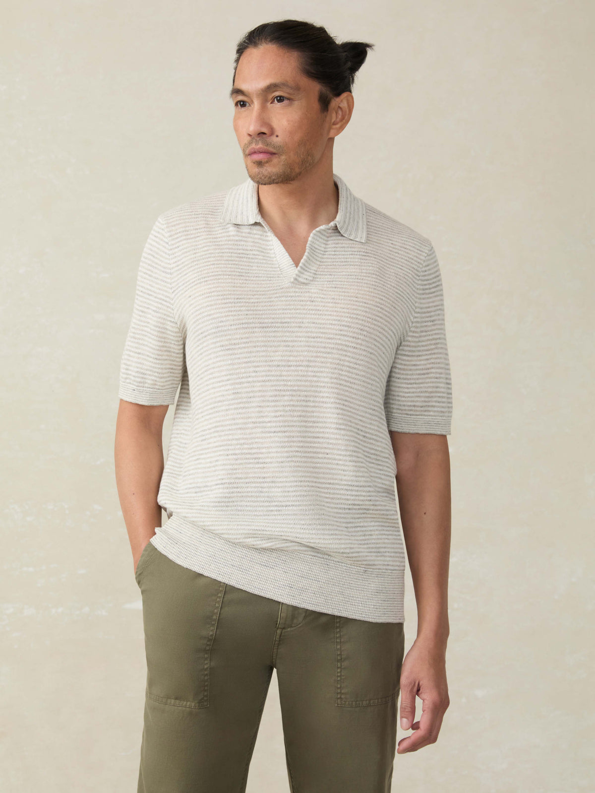 Short-Sleeve Linen Sweater Polo - Ivory Steel Feeder Main image