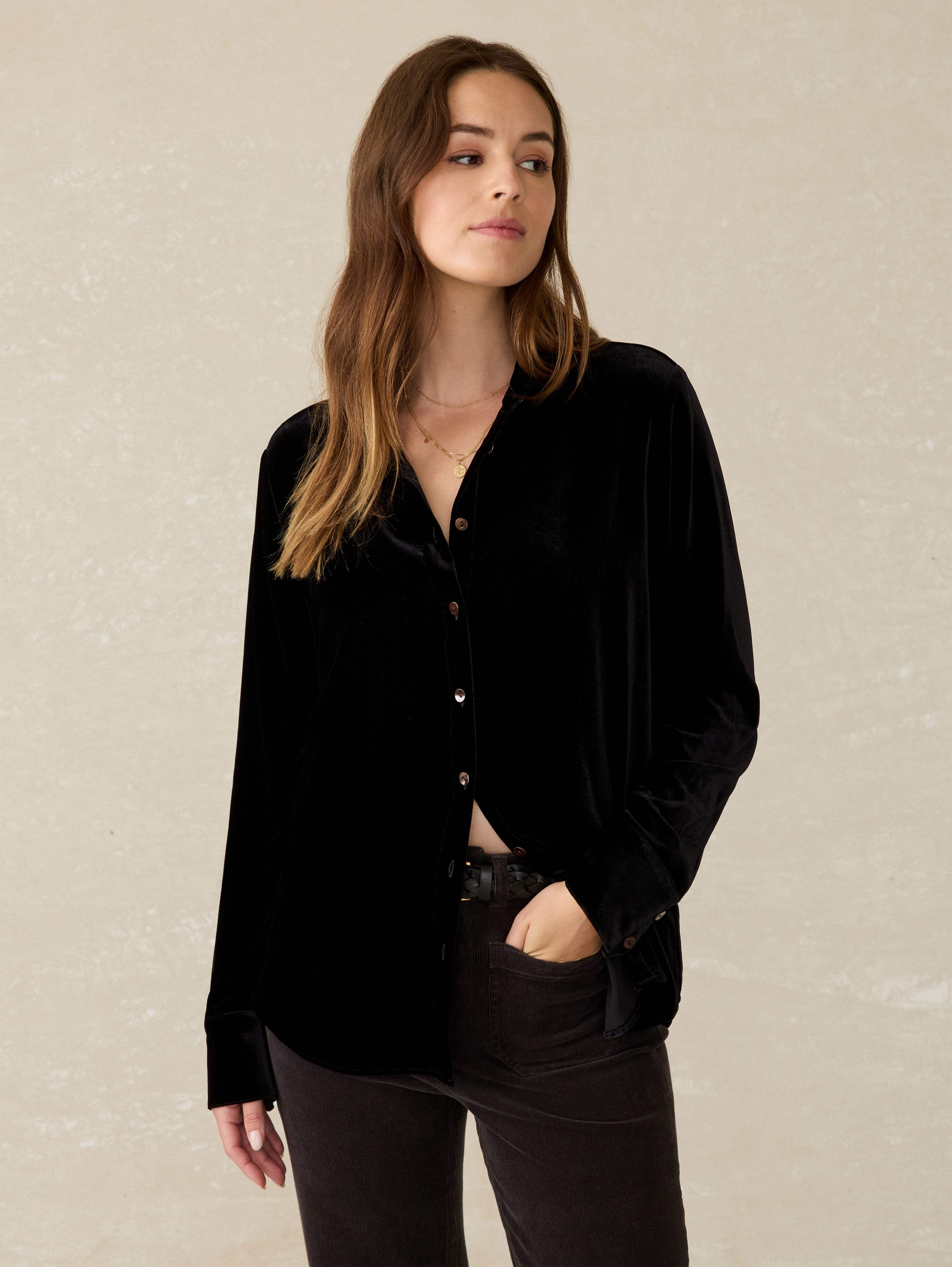 Stretch Silk Velvet Genevieve Shirt - Black Secondary image