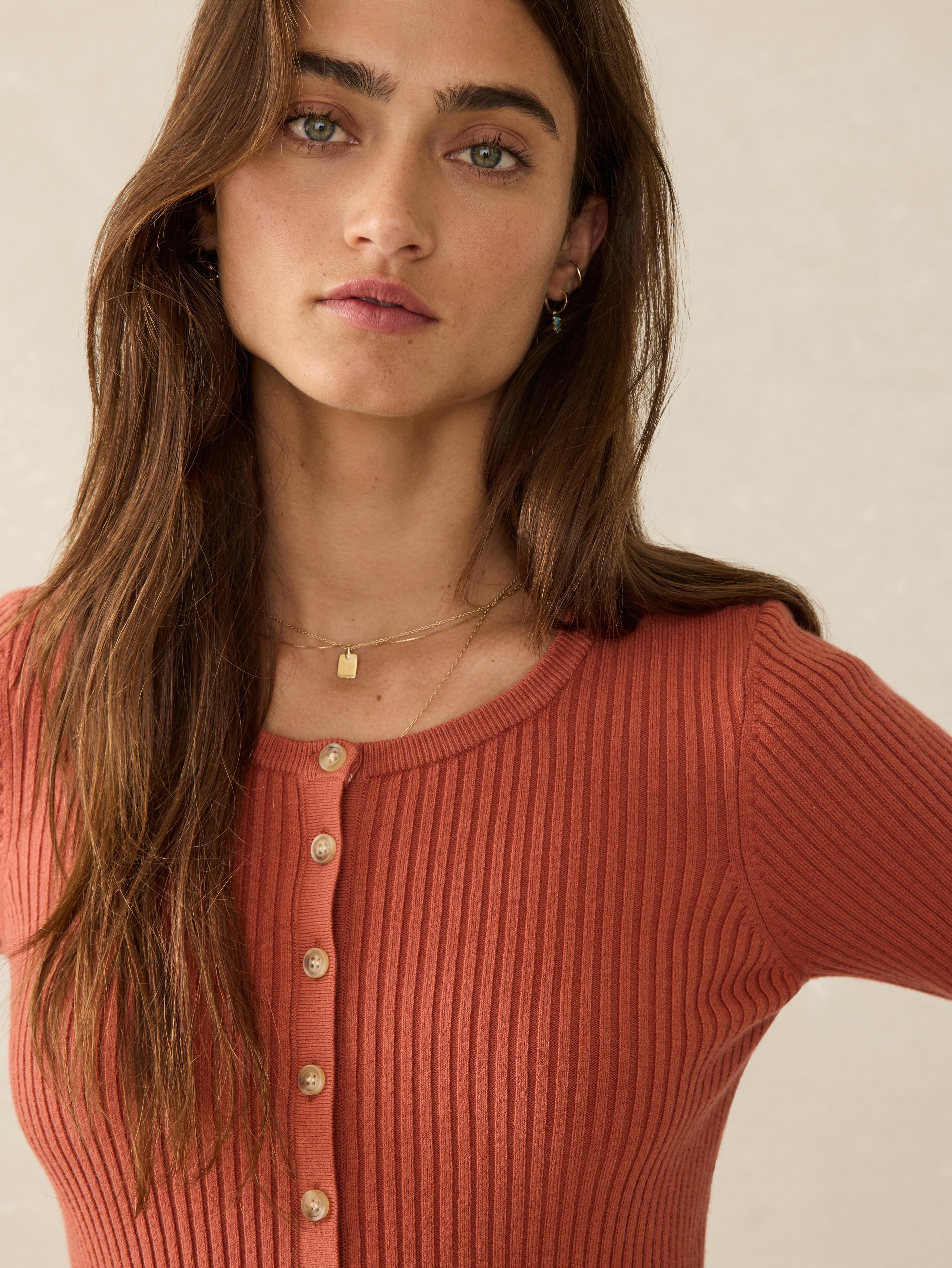 Stretch Cotton Cashmere Rib Cardigan - Red Rock Secondary image