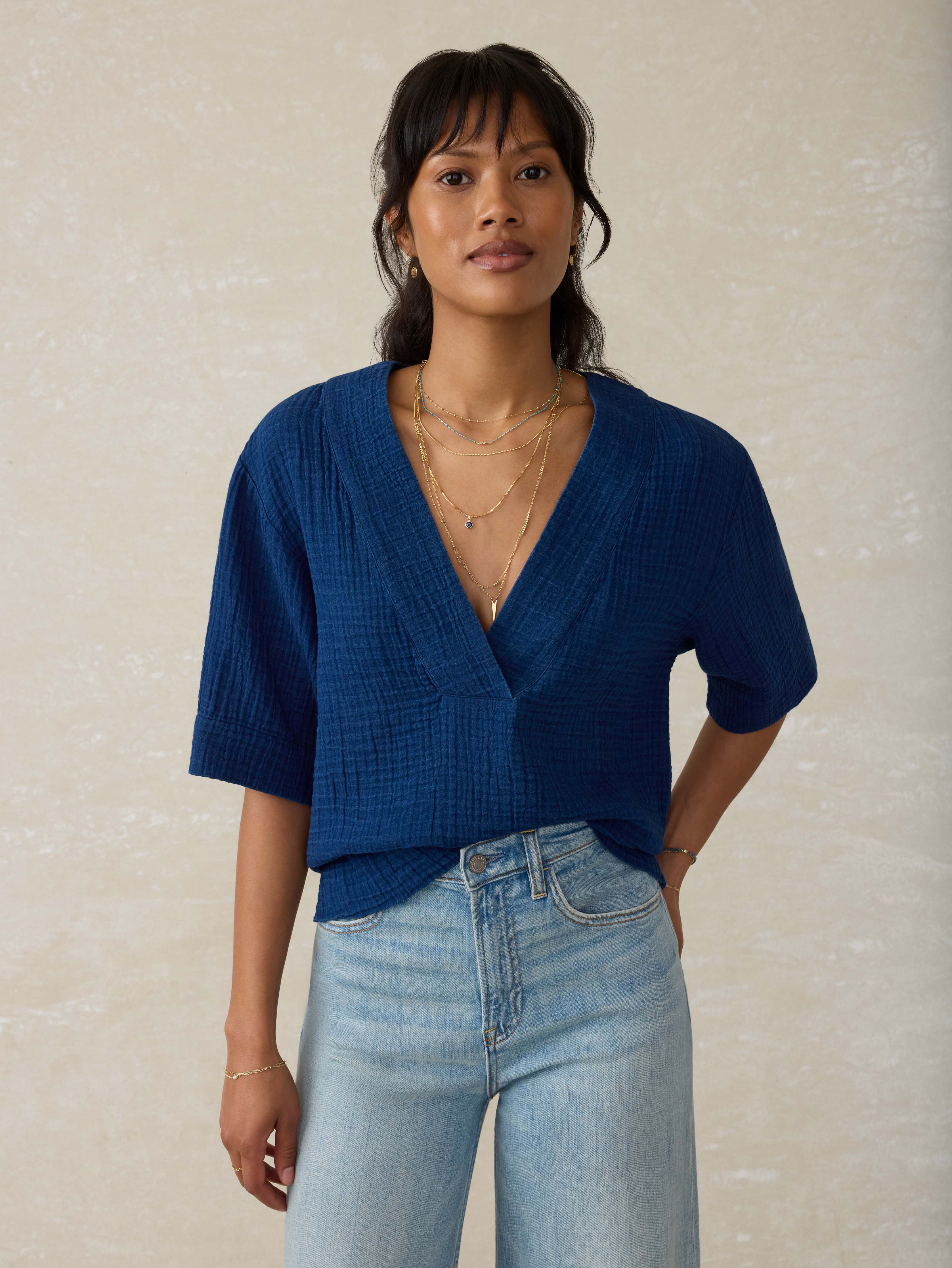 Dune Cotton Gauze Short Sleeve Popover - Dark Indigo Wash Main image