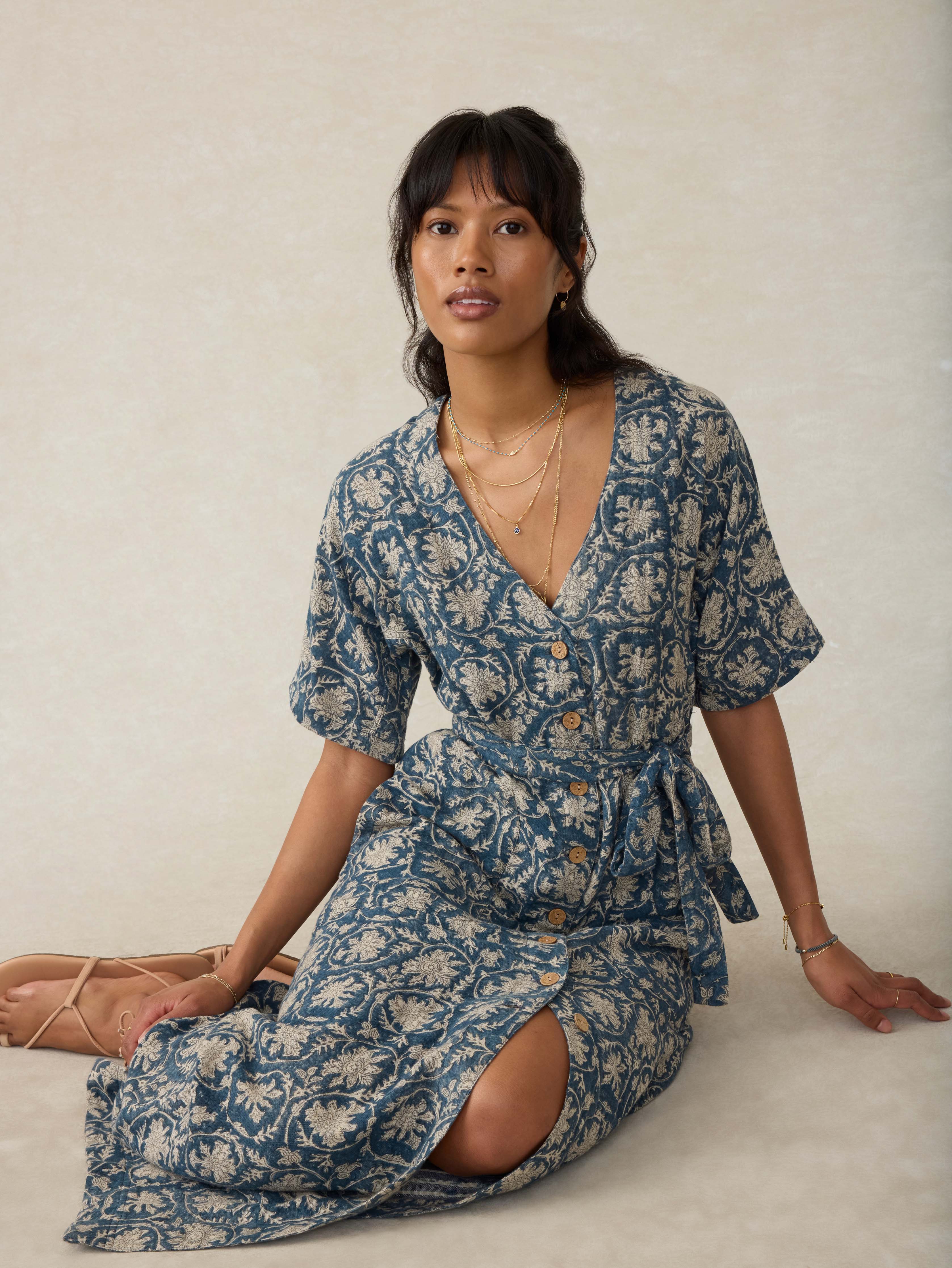 Dune Cotton Gauze Camille Midi Dress - Tranquil Tides Print Main image