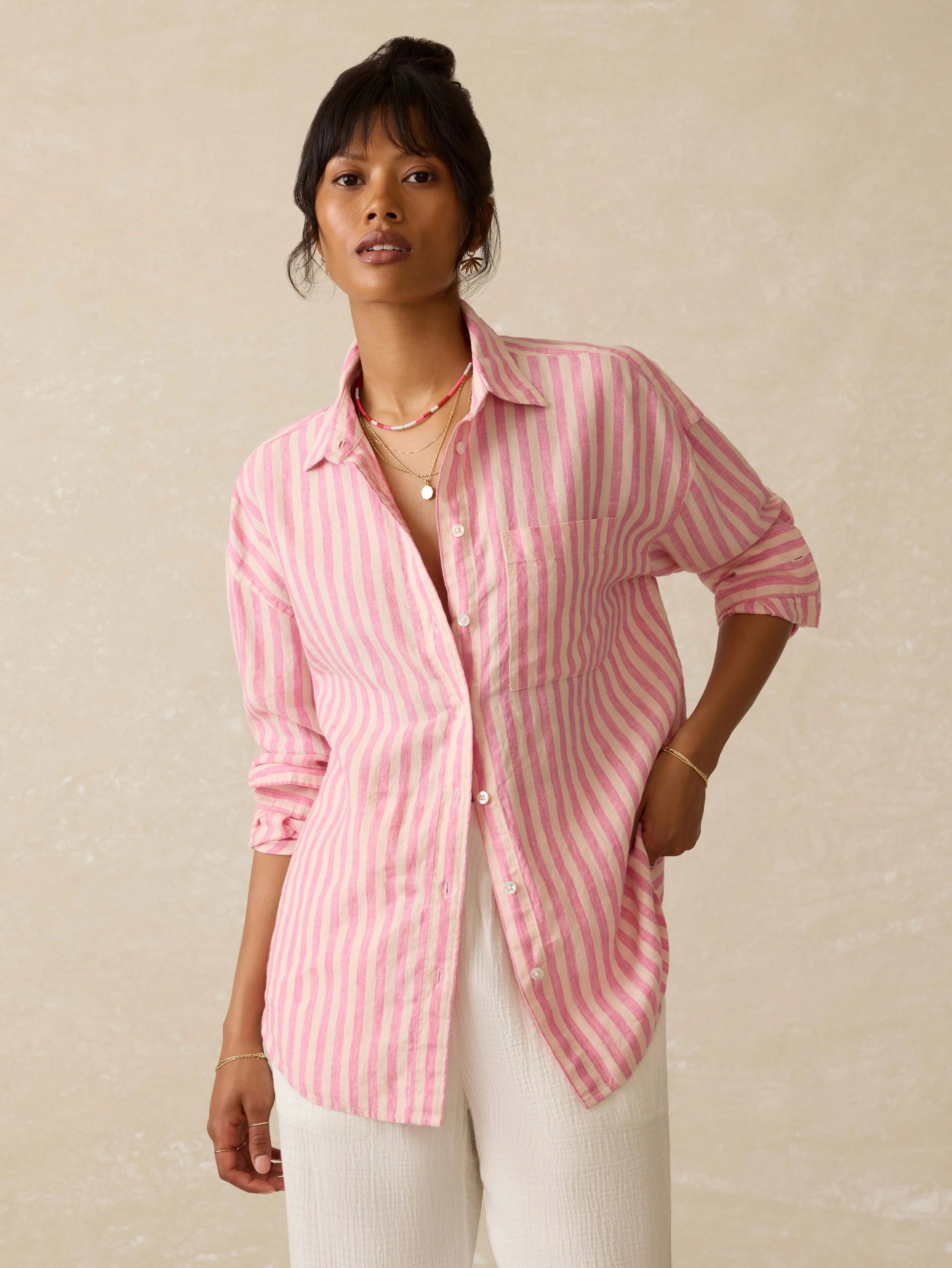 Laguna Linen Relaxed Shirt - Pink Lucy Stripe Main image