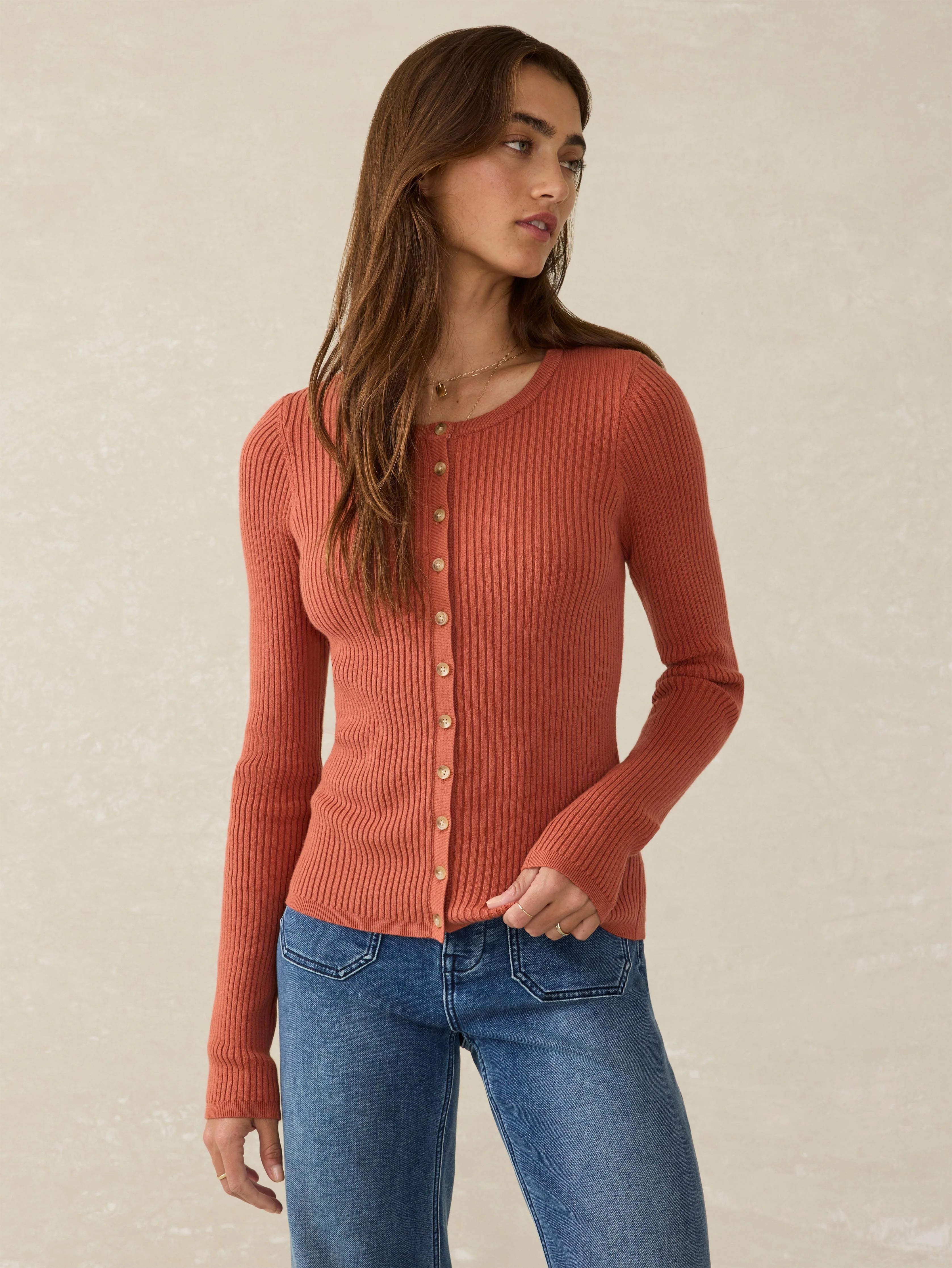 Stretch Cotton Cashmere Rib Cardigan - Red Rock Main image