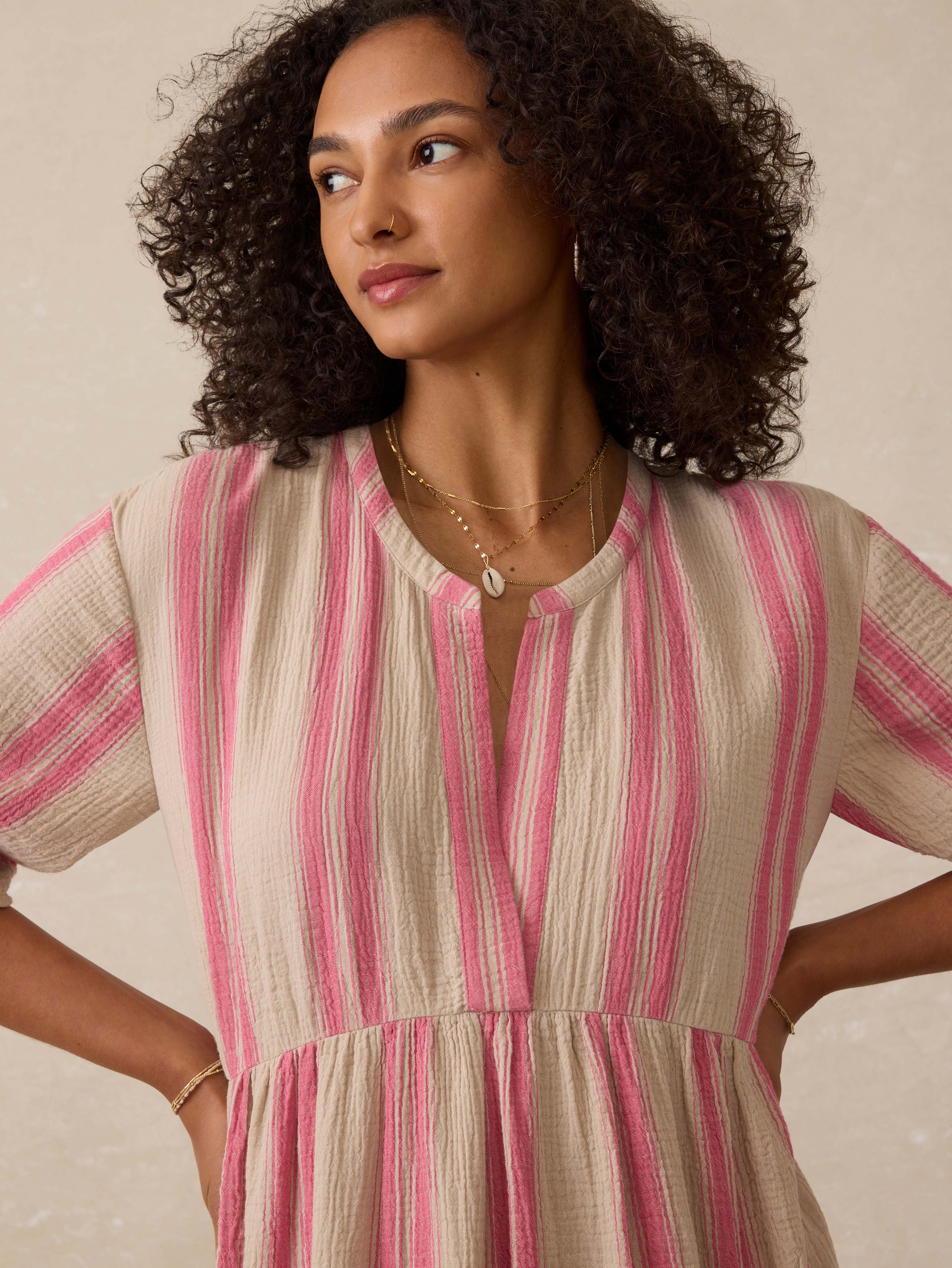 Dune Cotton Gauze Wesley Dress - Cocoa Reef Stripe Secondary image
