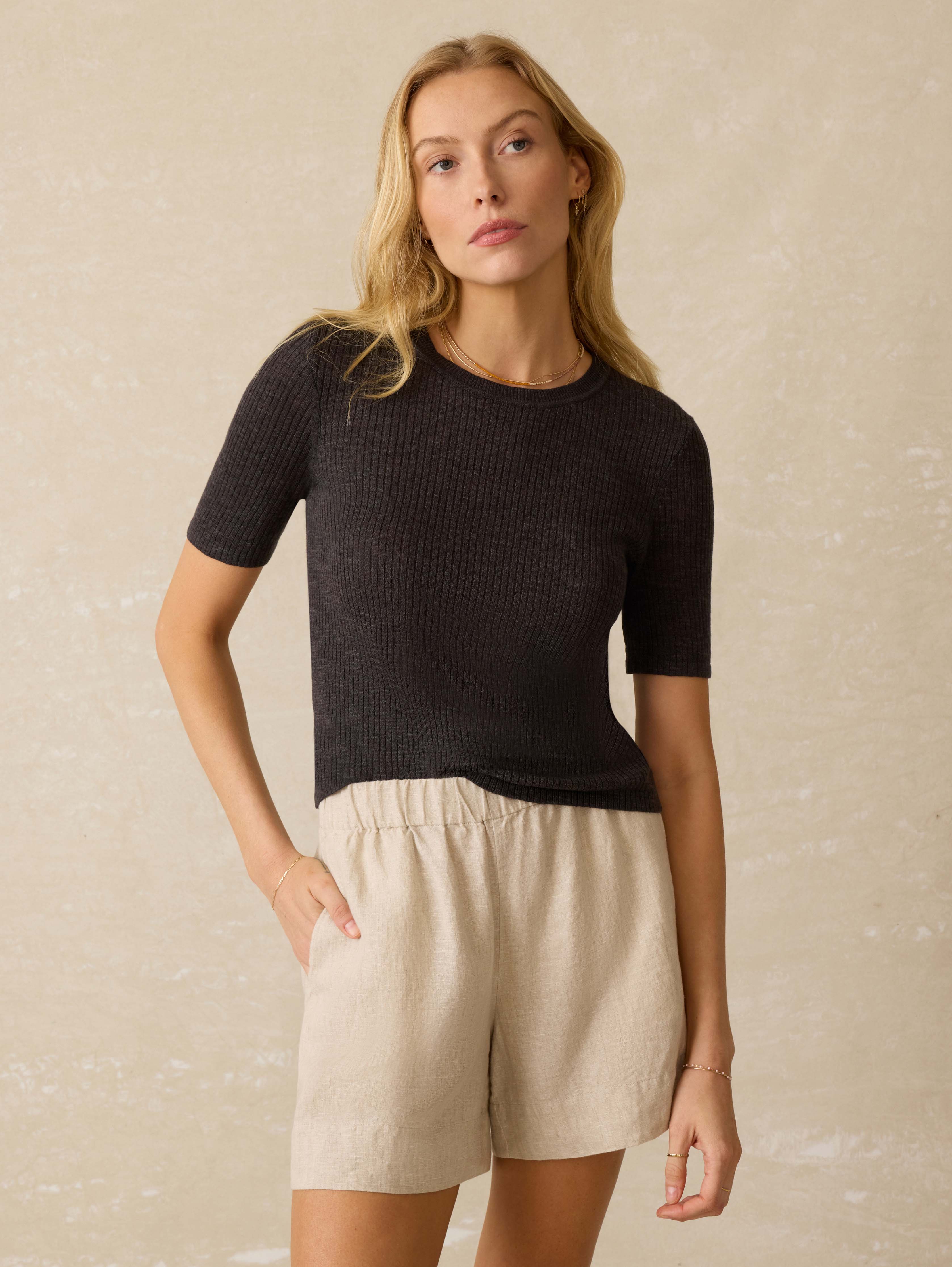 Miramar Linen Mini Rib Tee - Washed Black Main image