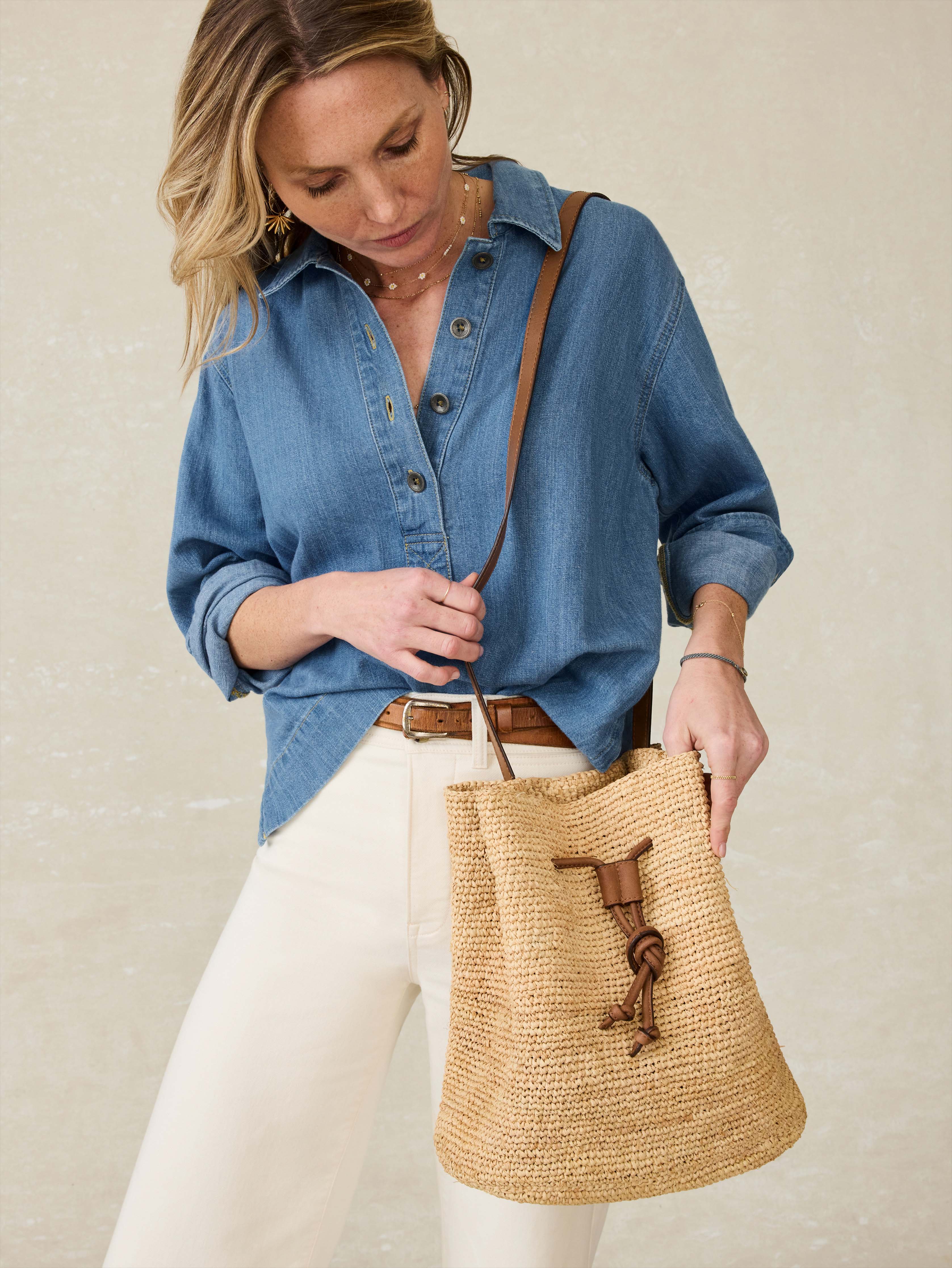 Raffia Drawstring Bucket Bag - Natural Main image