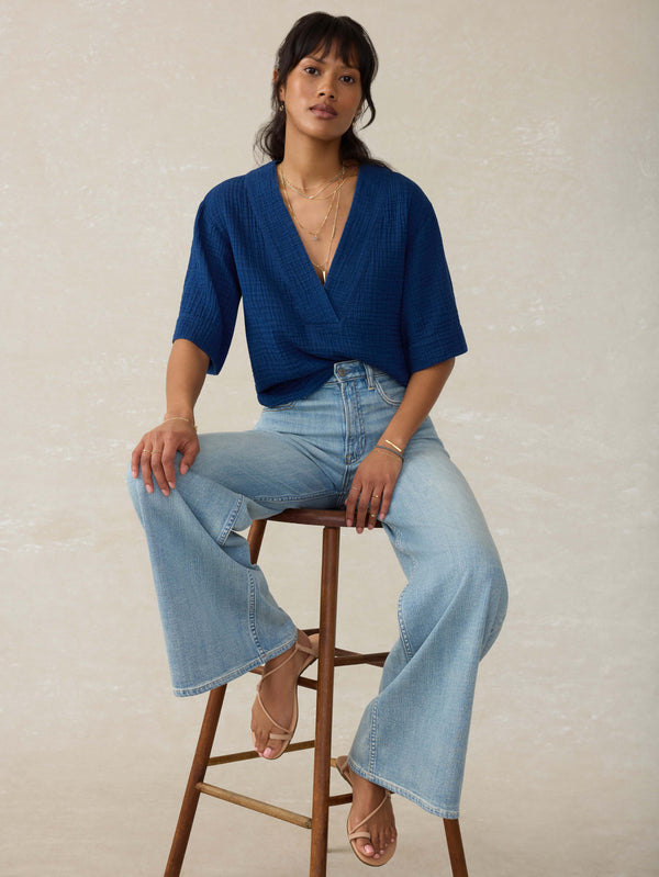 Dune Cotton Gauze Short Sleeve Popover - Dark Indigo Wash
