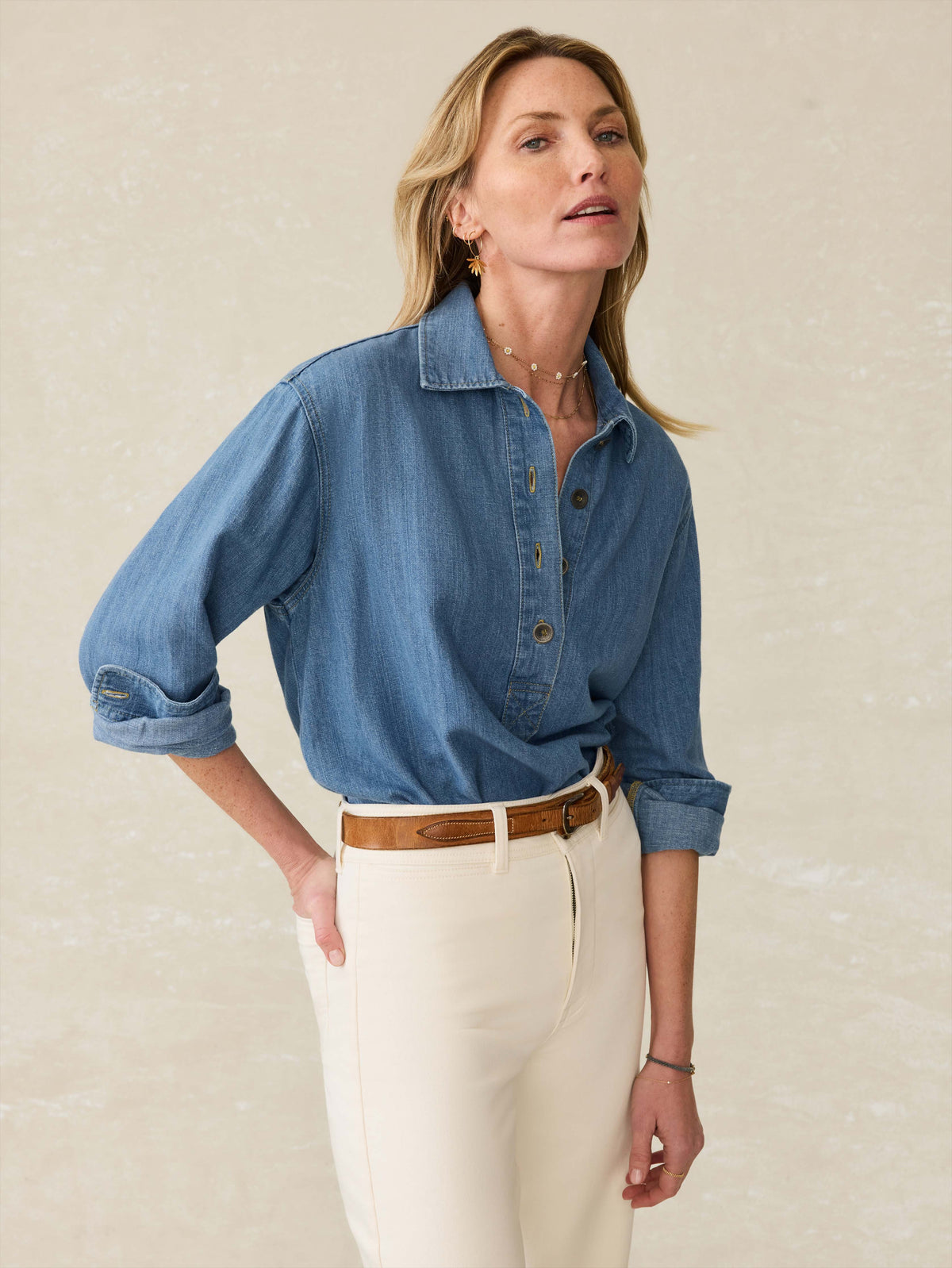 Linen Denim Oceanview Blouse - Coastal Cloud Wash Main image