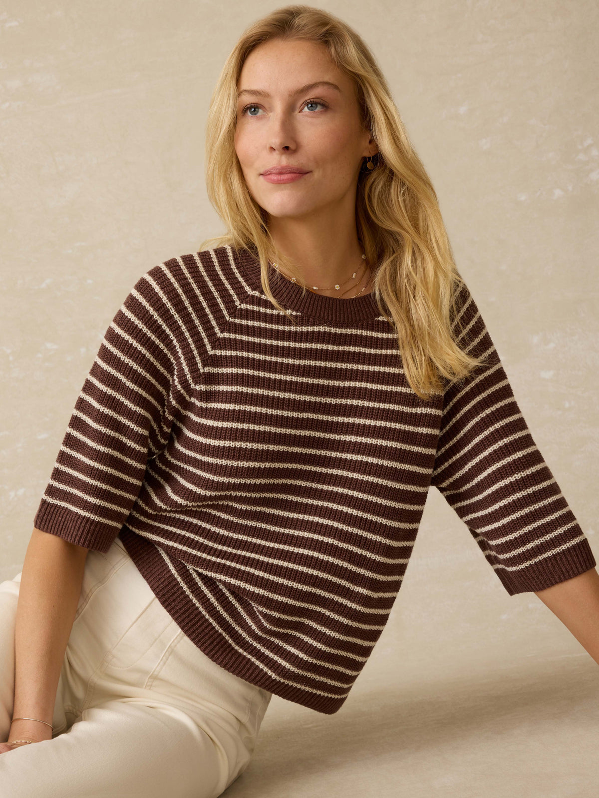 Miramar Linen Sweater Tee - Cocoa Sand Stripe Main image