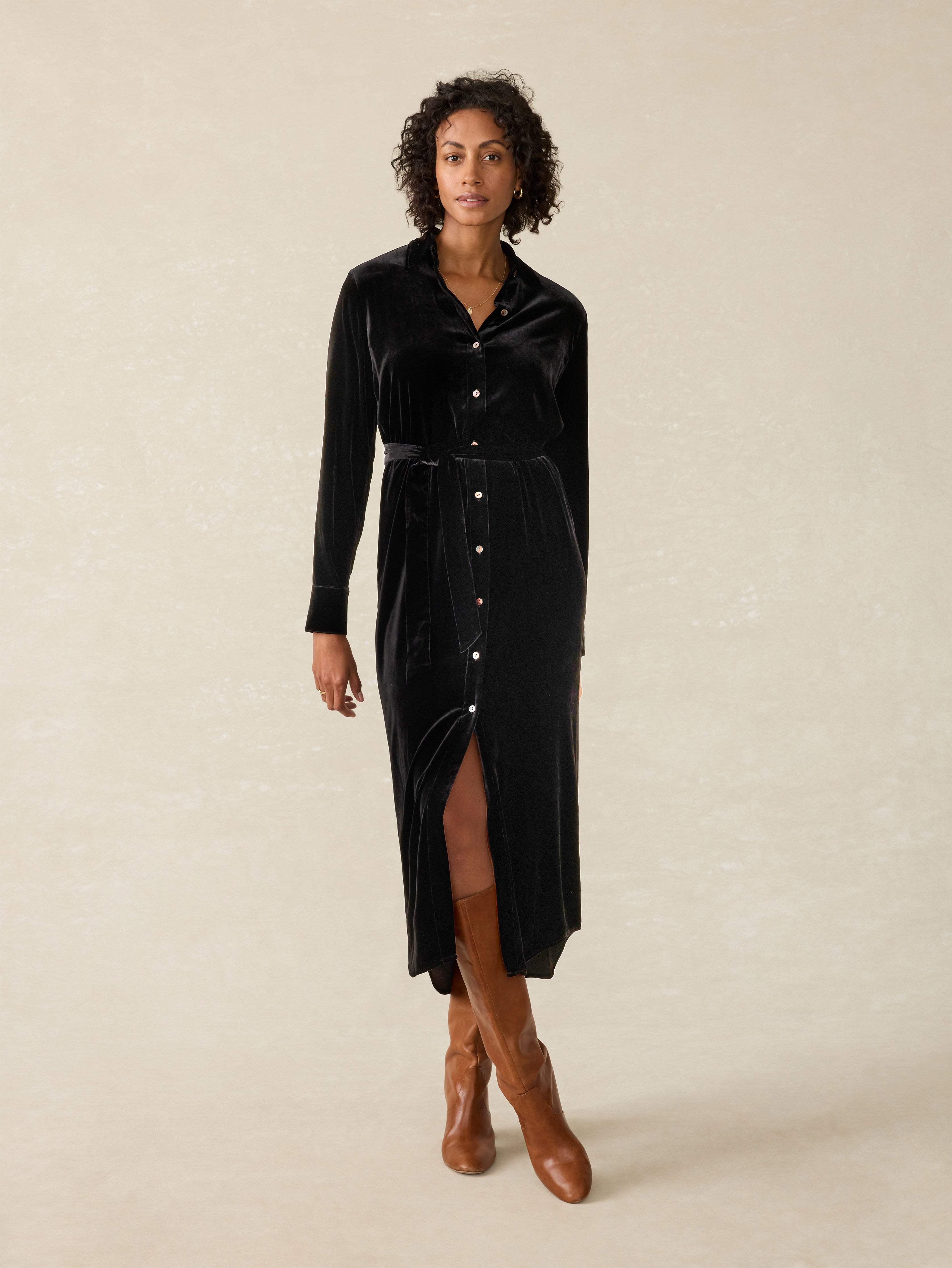 Stretch Silk Velvet Riley Midi Dress - Black Main image