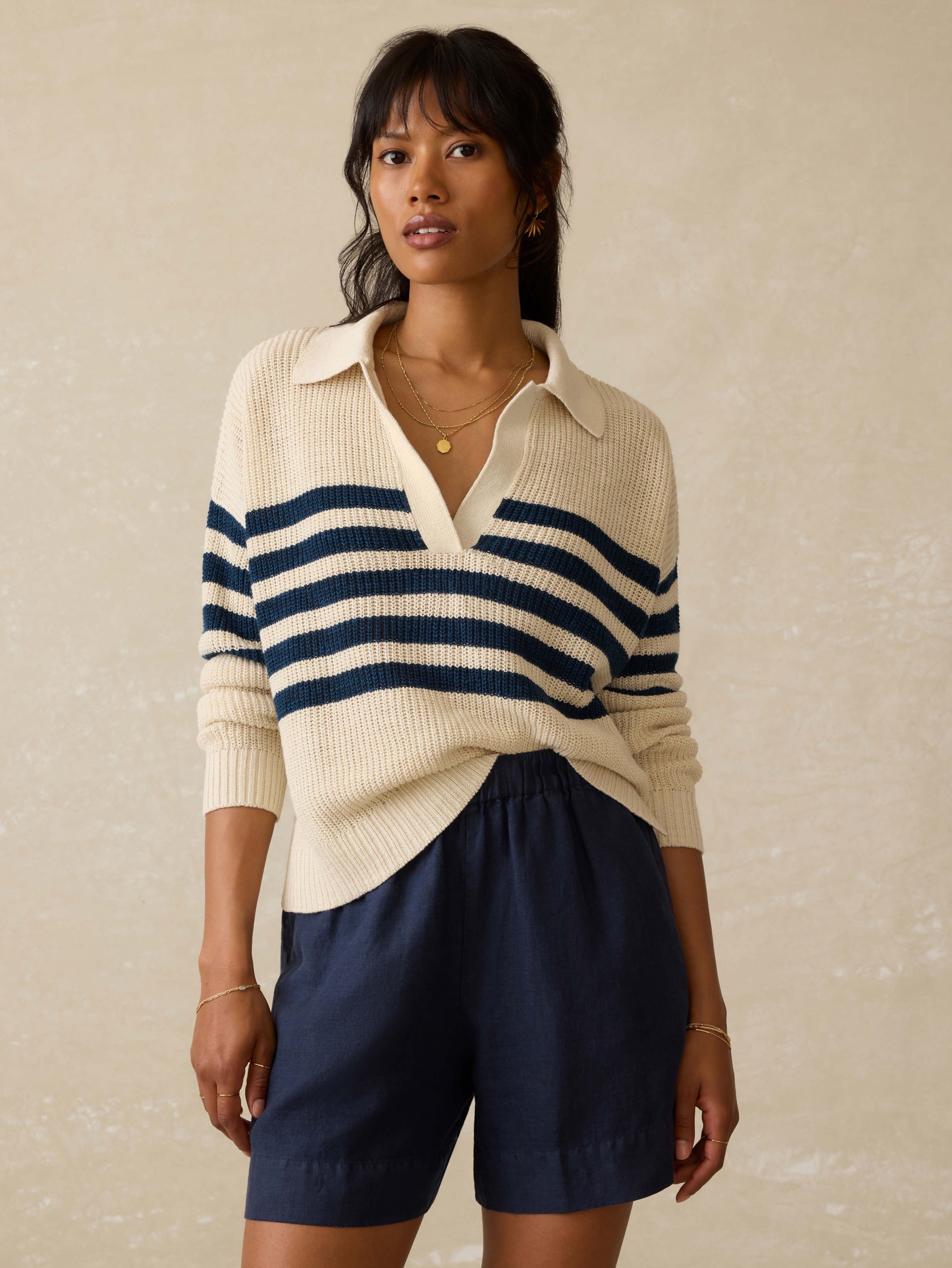 Miramar Linen Polo Sweater - Ocean Ties Stripe Main image
