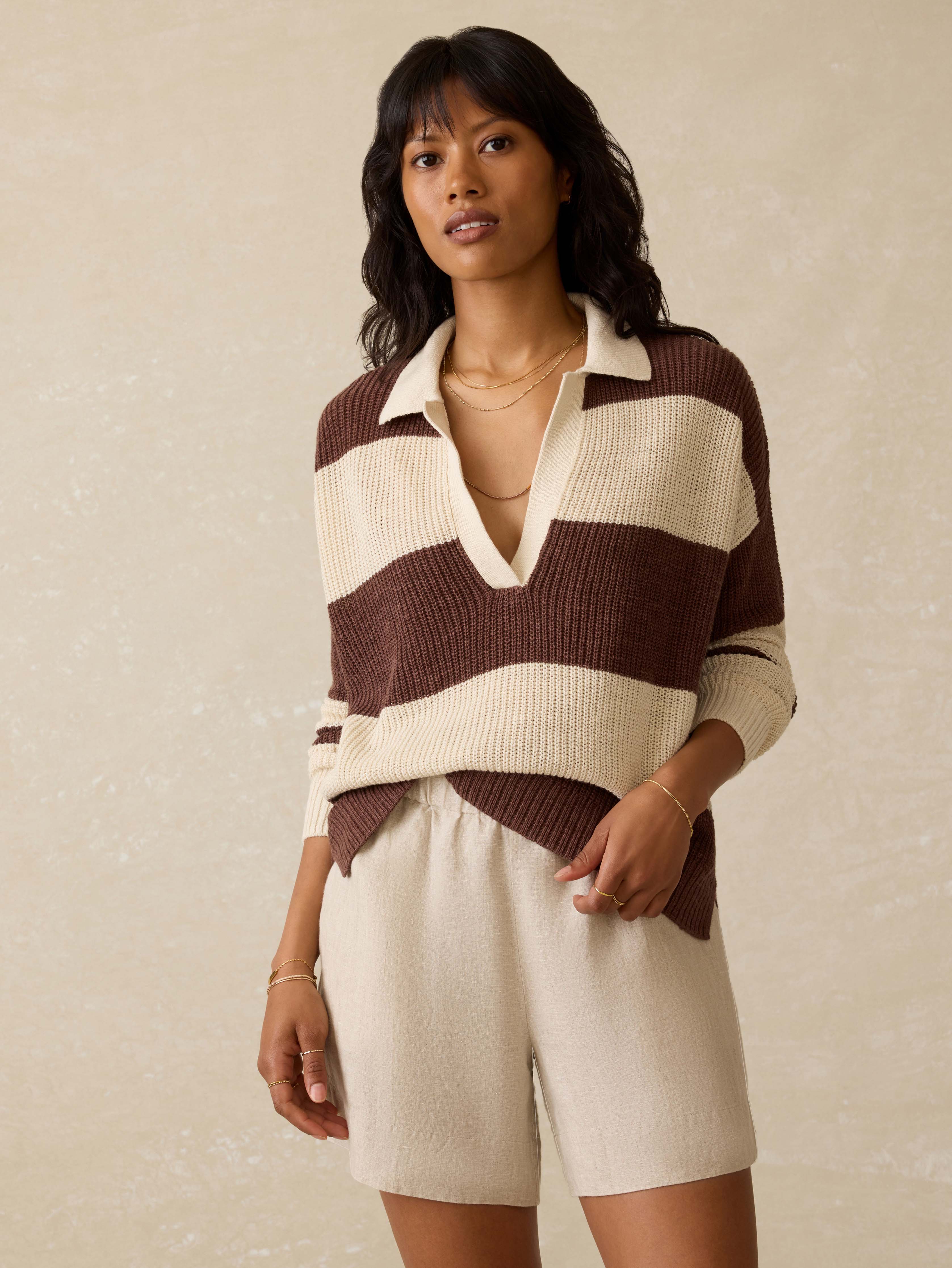 Miramar Linen Polo Sweater - Cocoa Rugby Stripe Secondary image