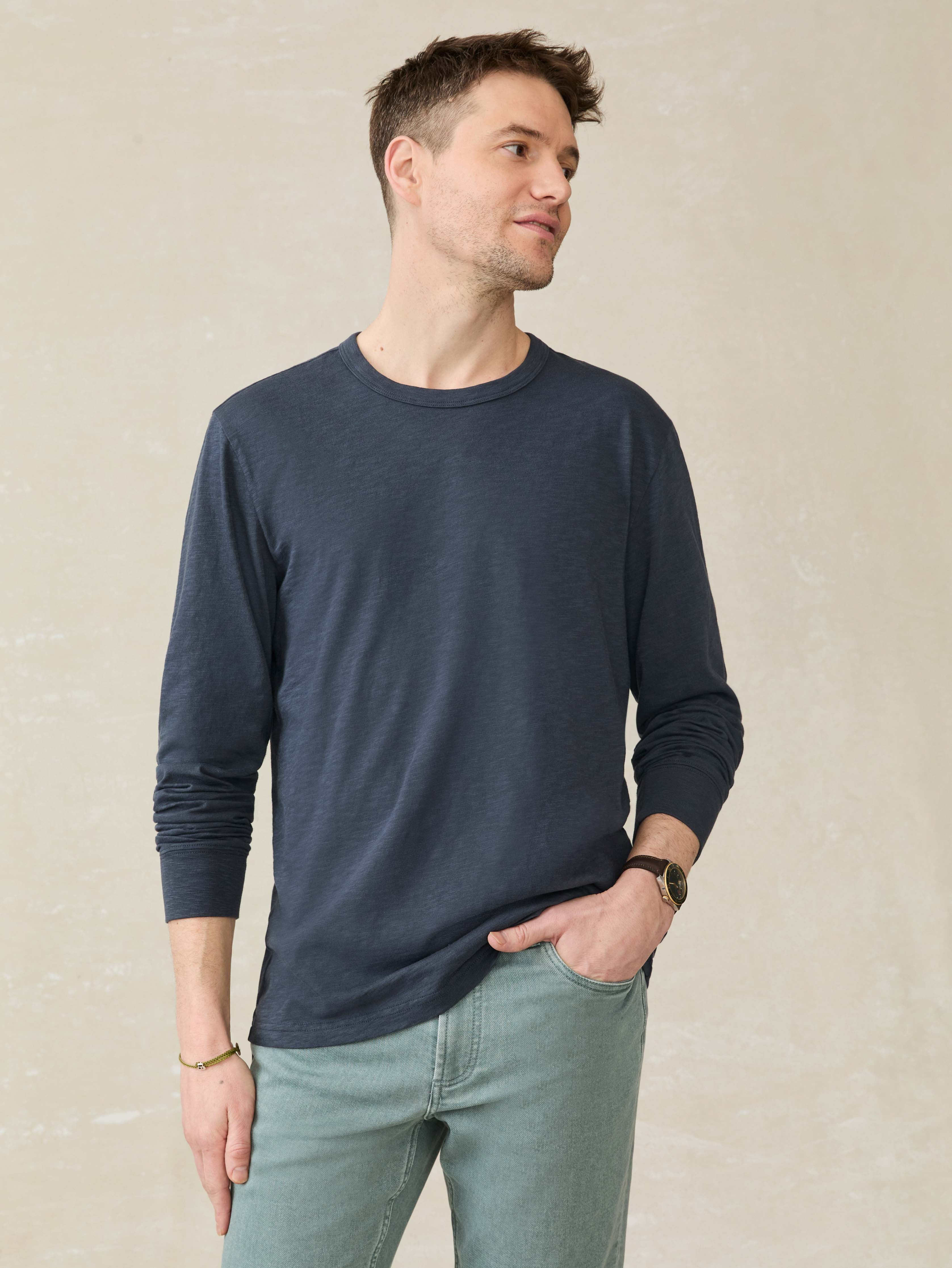 Long-Sleeve Sunwashed Regenerative Cotton Tee - Dune Navy Main image