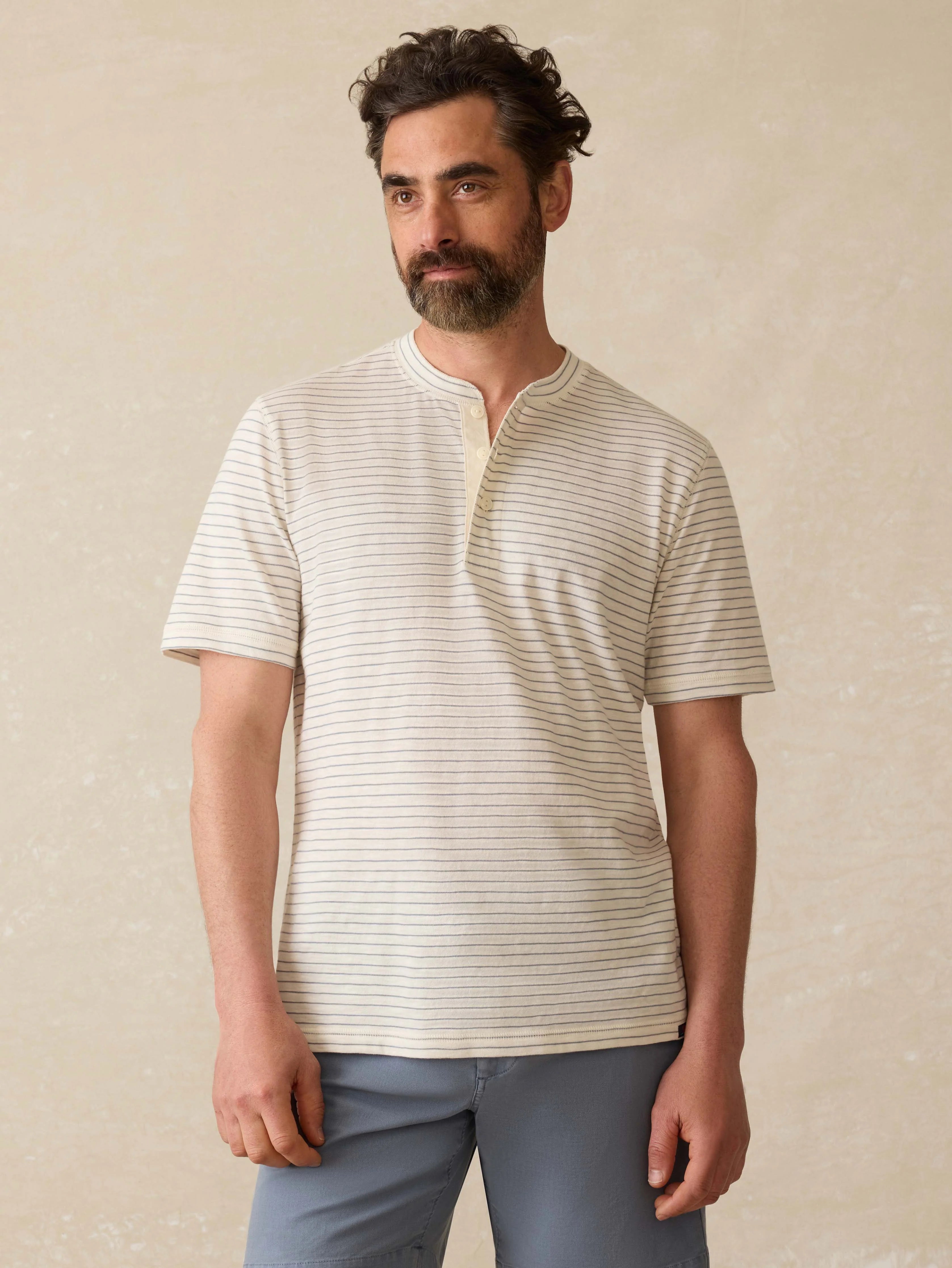 Short-Sleeve Sunwashed Henley - Cream Flint Stripe Main image