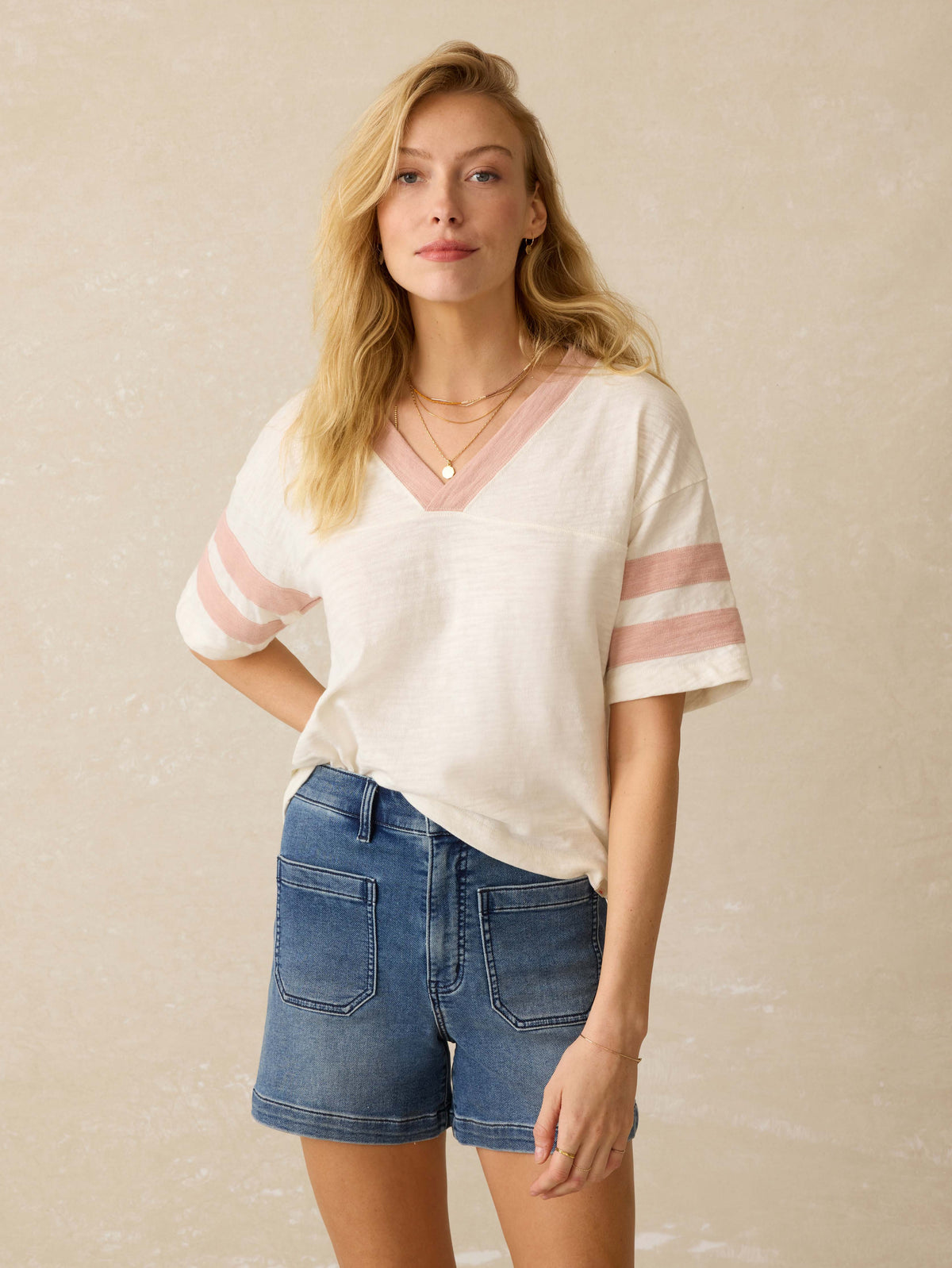 Sunwashed Midweight Organic Varsity Tee - Pink Varsity Main image