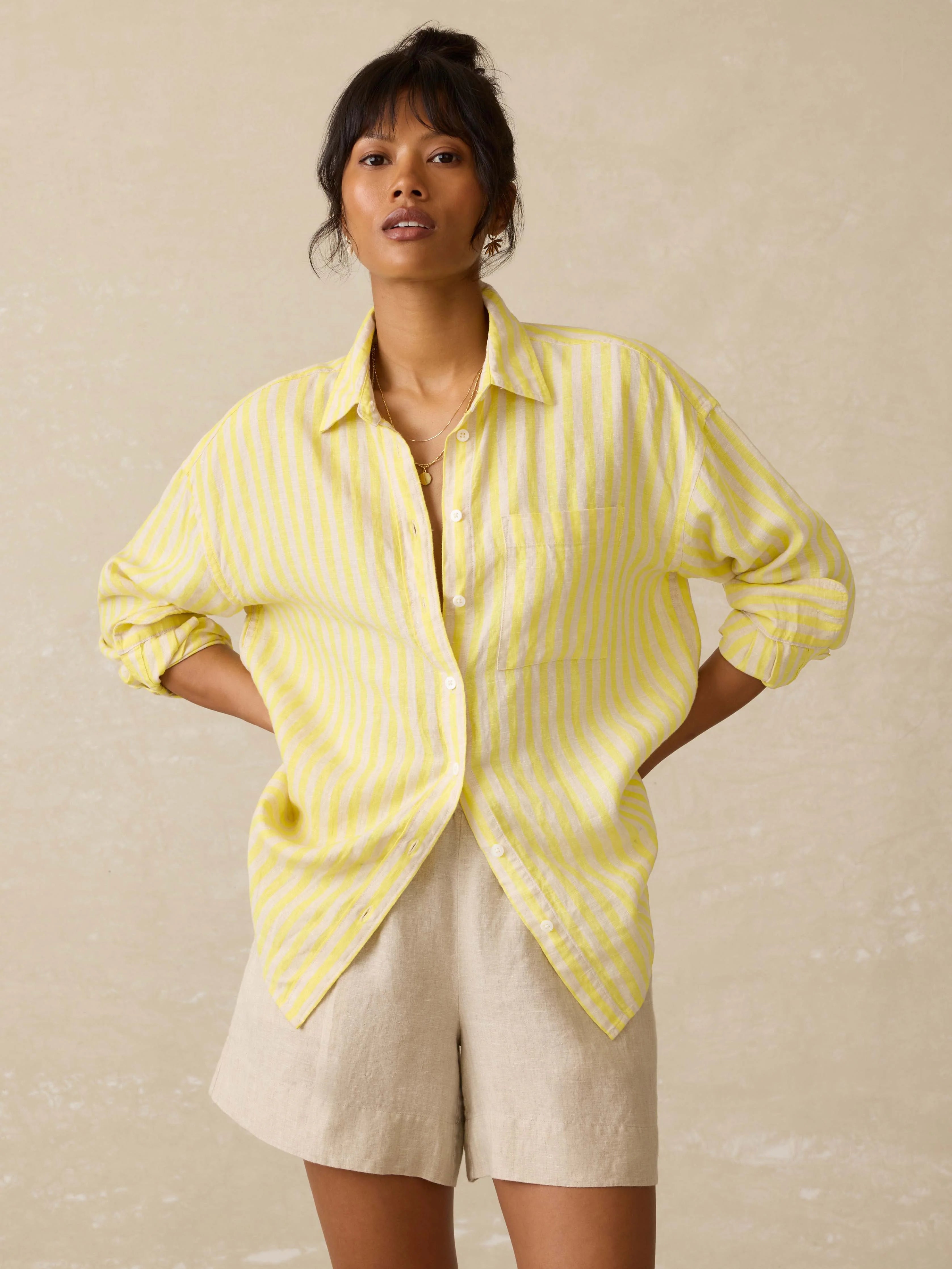 Laguna Linen Relaxed Shirt - Golden Kiwi Lucy Stripe Secondary image