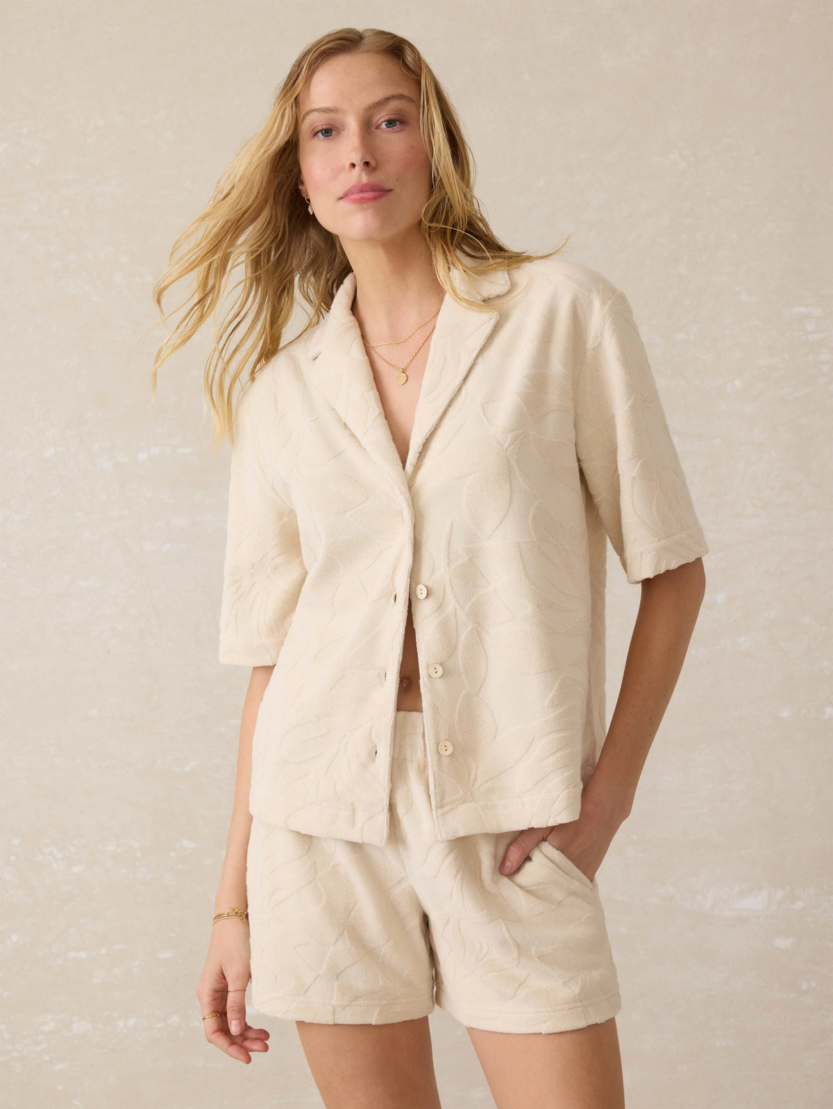 Cabana Towel Terry Camp Shirt - Marble Poolside Foliage Main image