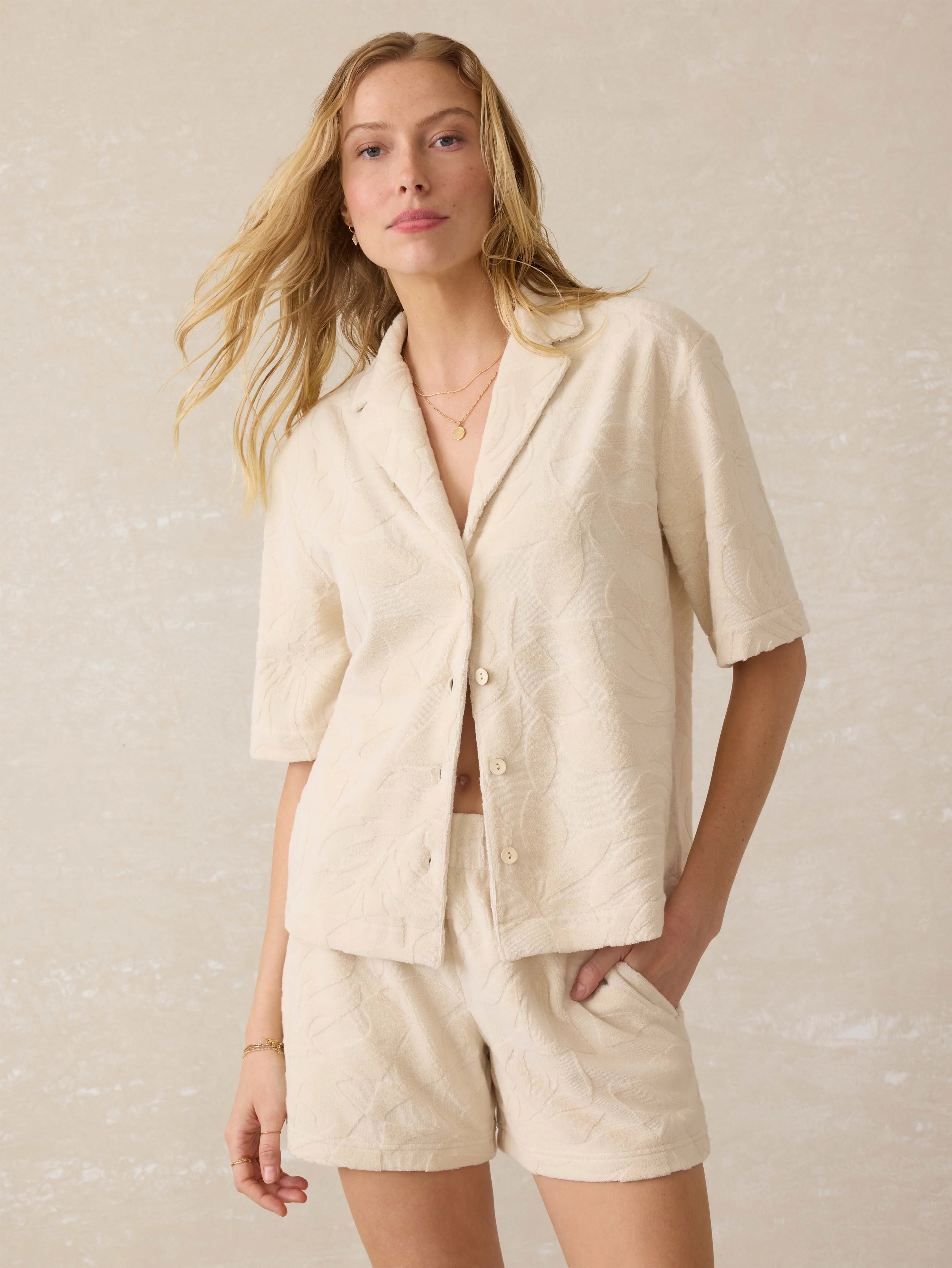 Cabana Towel Terry Camp Shirt - Marble Poolside Foliage