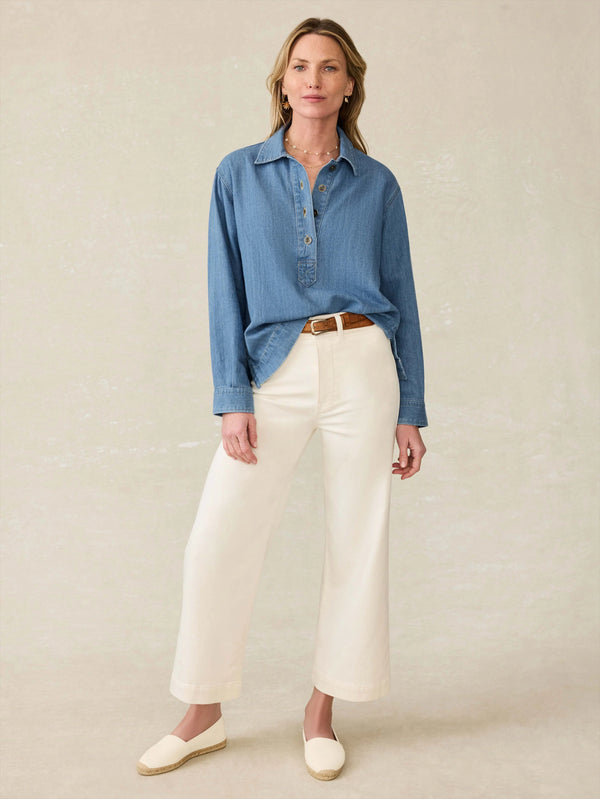 Linen Denim Oceanview Blouse - Coastal Cloud Wash