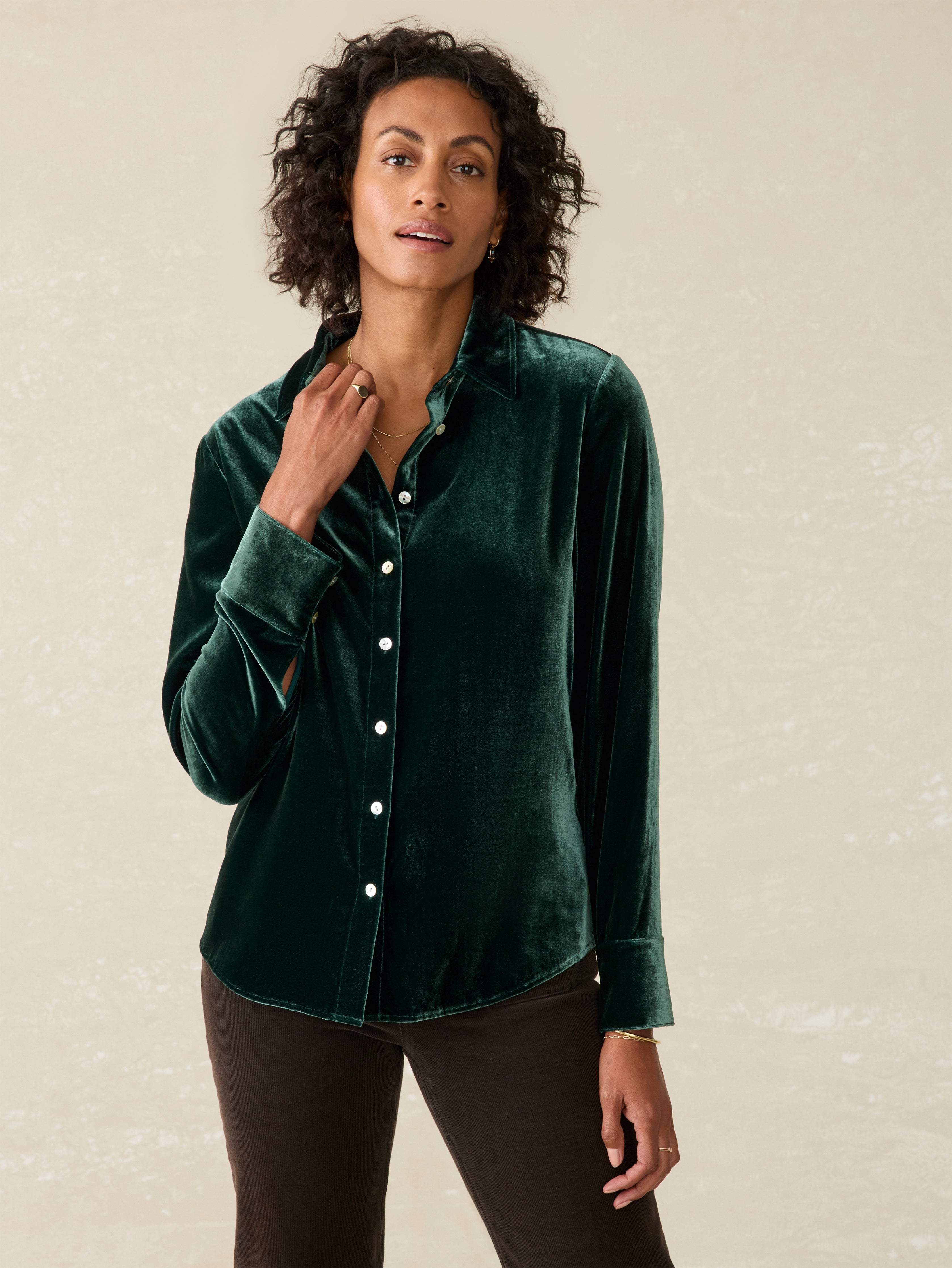 Stretch Silk Velvet Genevieve Shirt - Sea Moss Main image