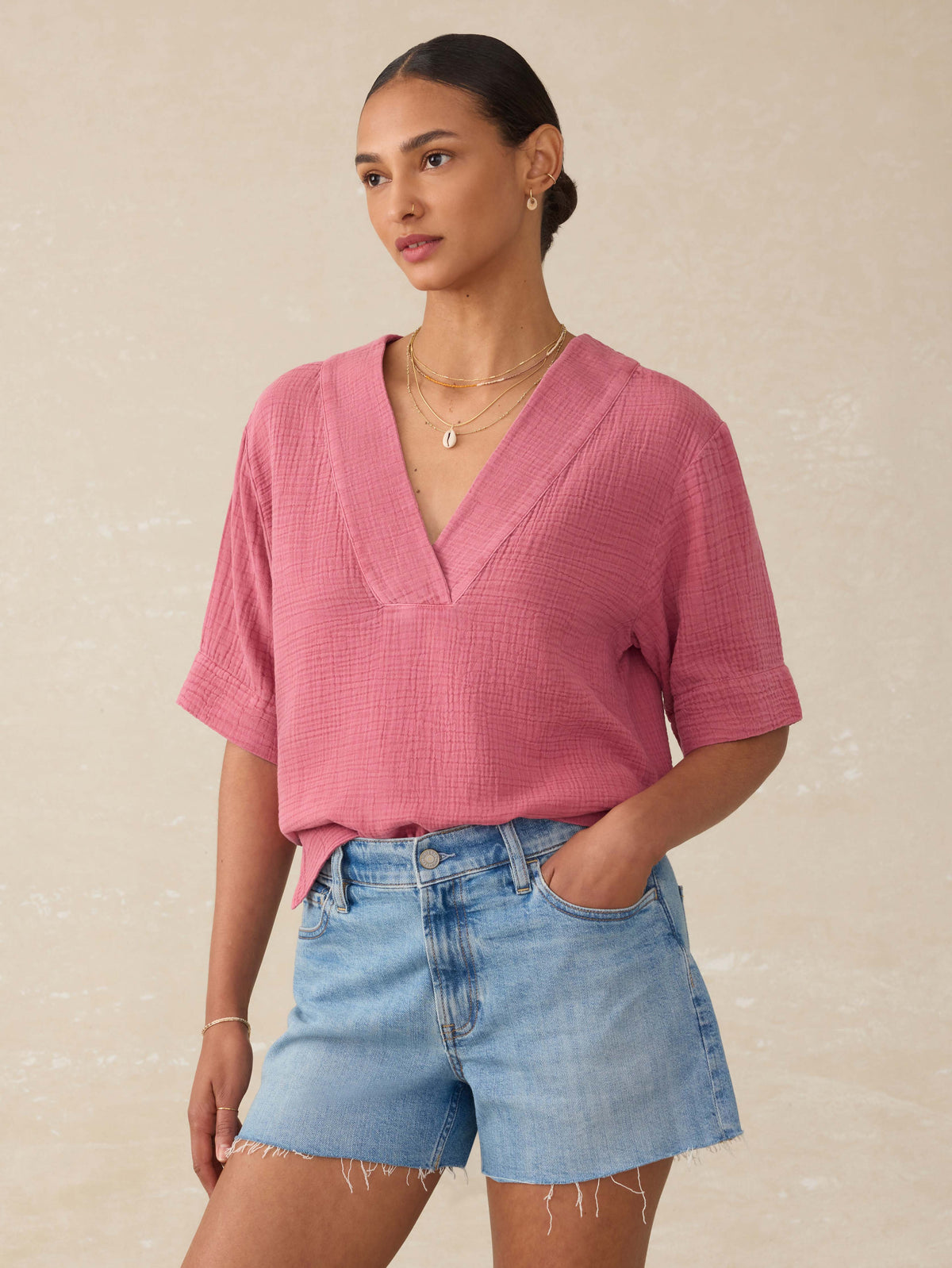 Dune Cotton Gauze Short Sleeve Popover - Heather Rose Main image