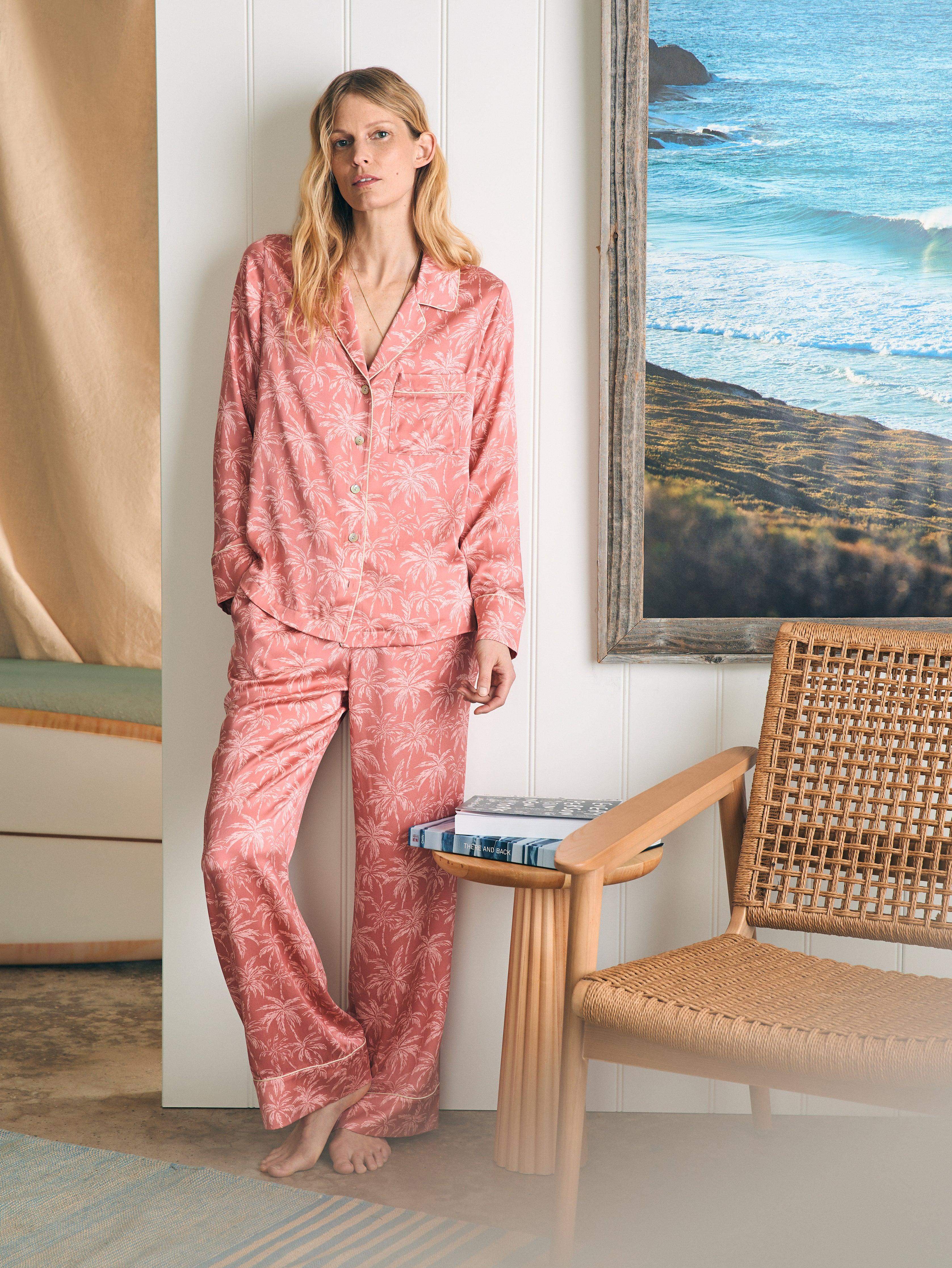 Sandwashed Silk Long Sleeve Pajama Set - Rose Tropic Trees Main image