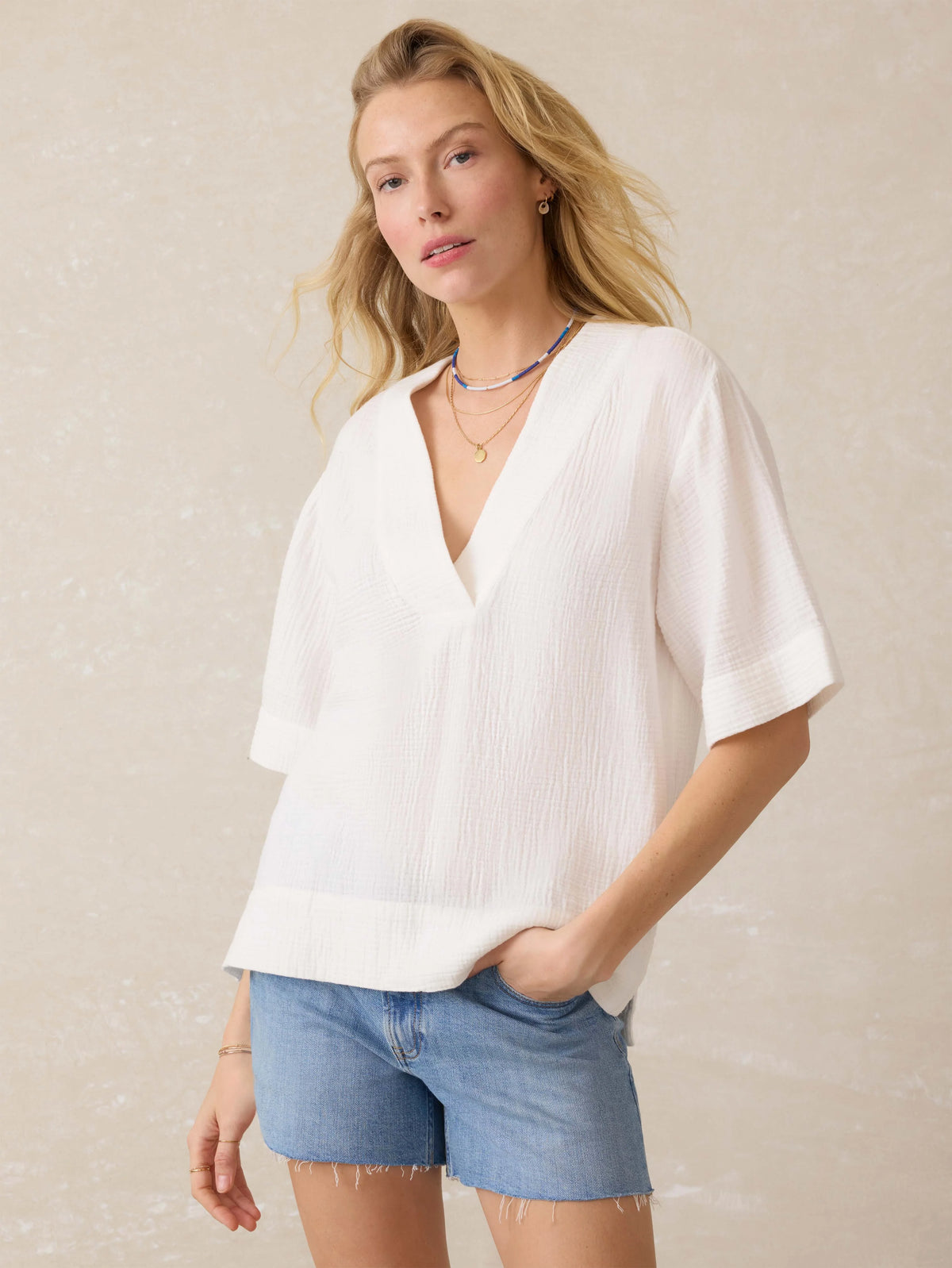 Dune Cotton Gauze Short Sleeve Popover - White Main image