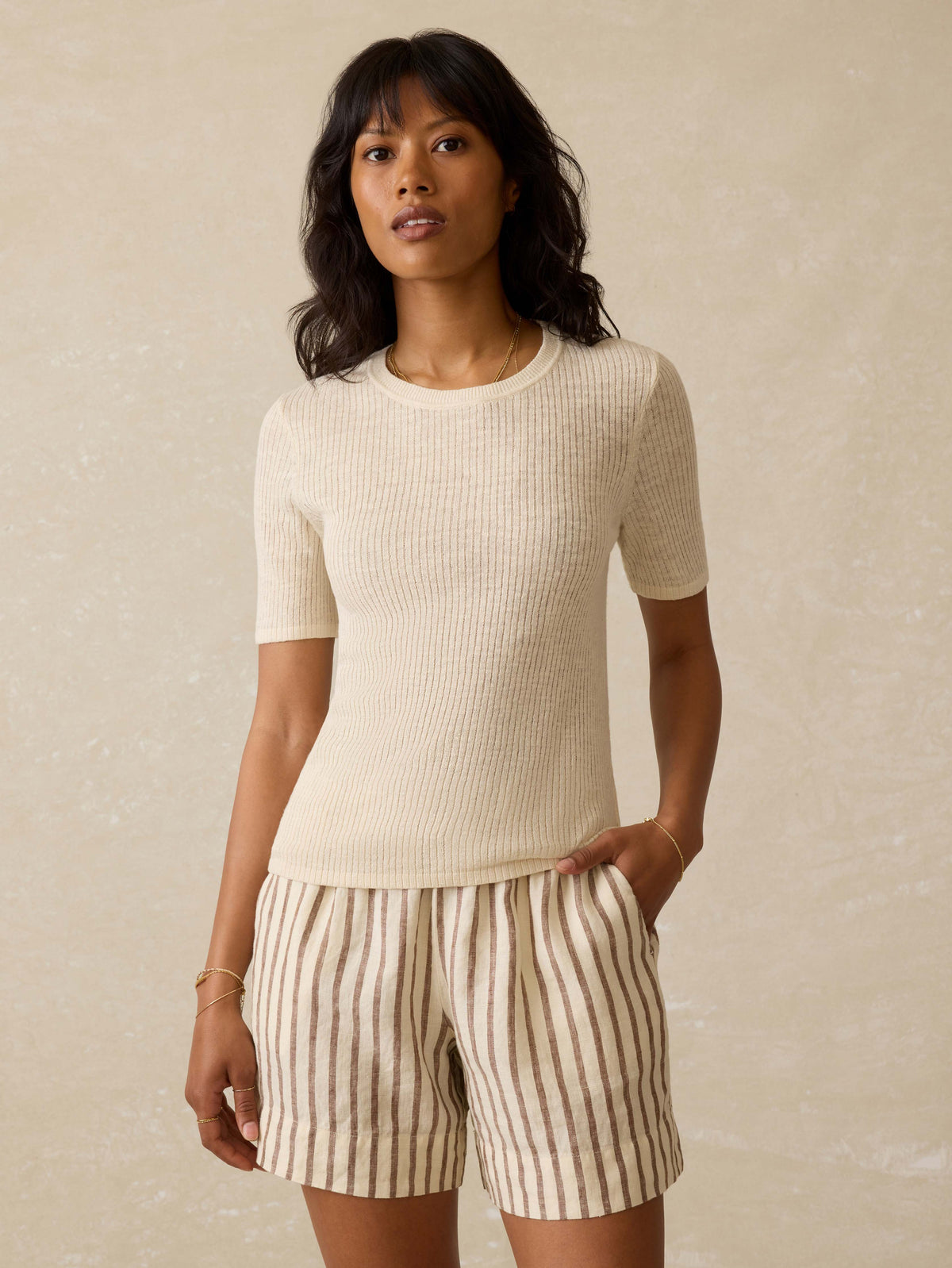Miramar Linen Mini Rib Tee - Summer Sand Main image
