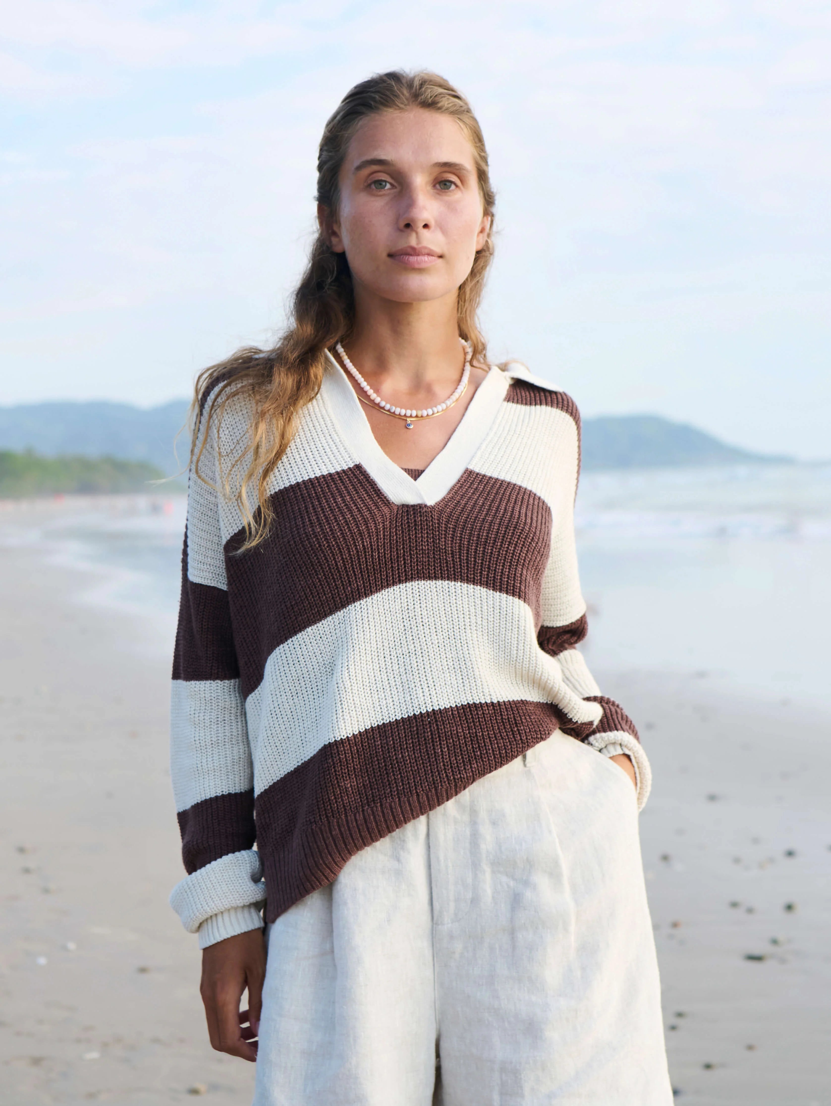 Miramar Linen Polo Sweater - Cocoa Rugby Stripe Main image