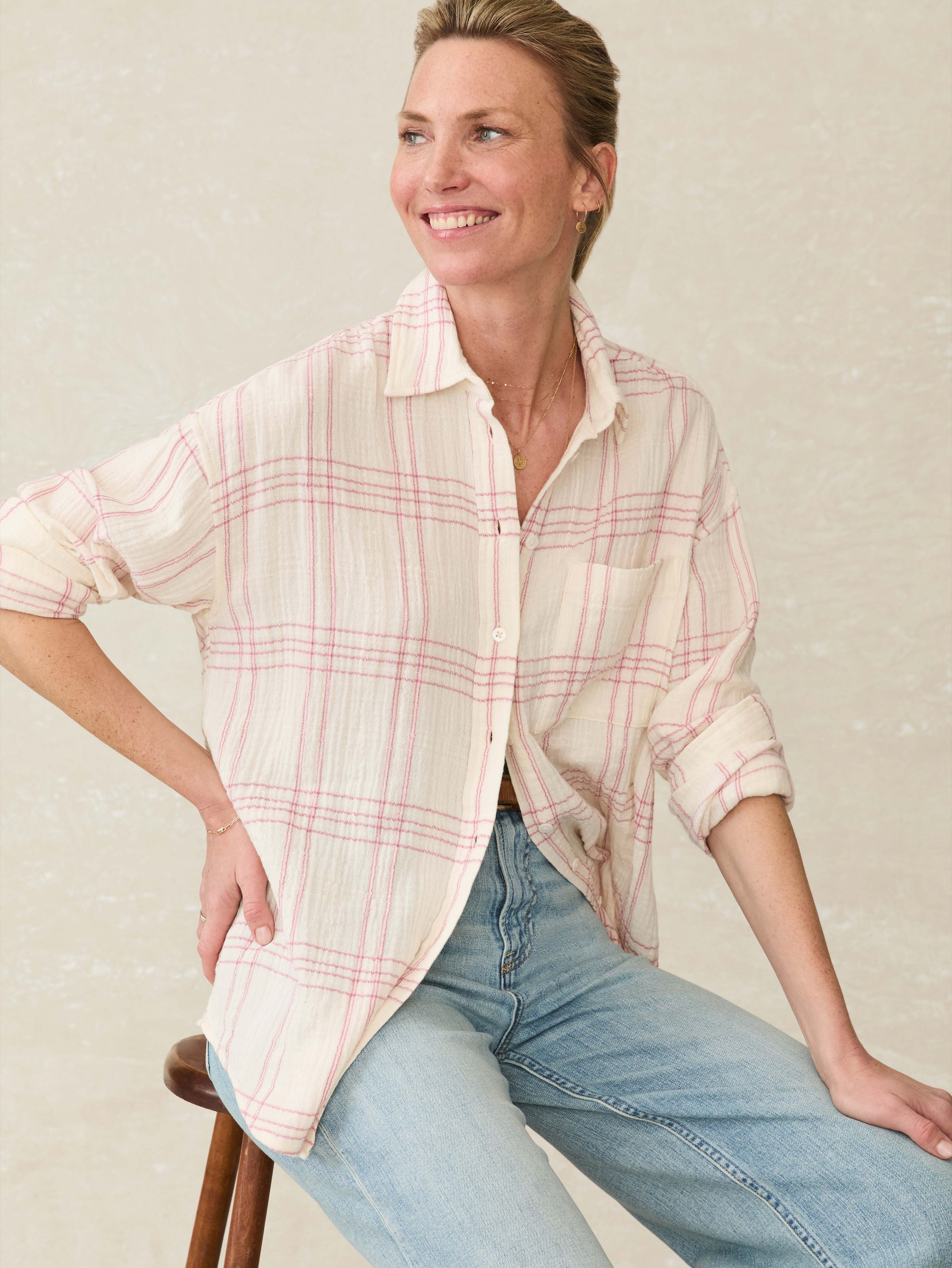 Dune Cotton Gauze Relaxed Shirt - Rose Cove Plaid Main image