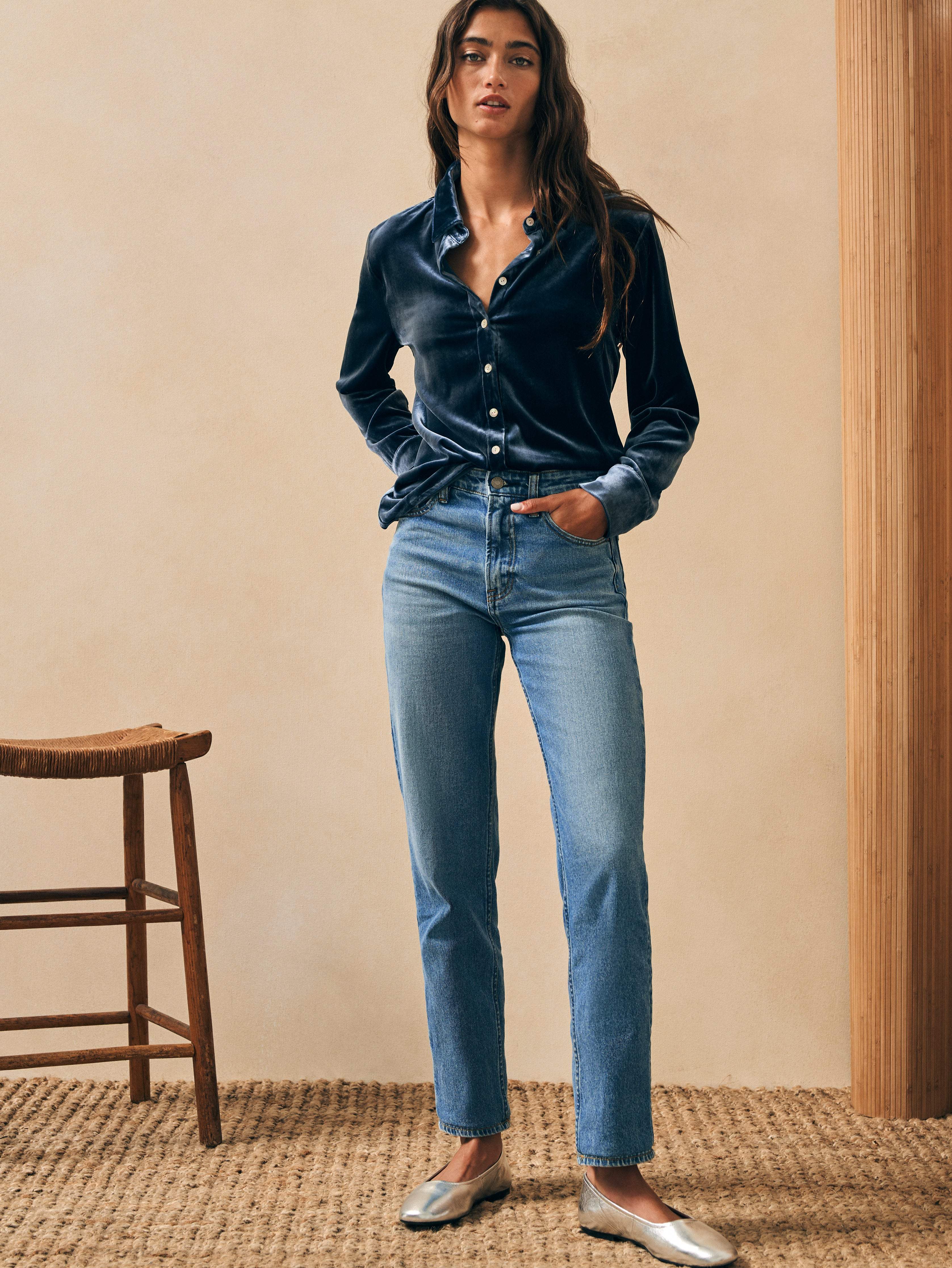 Stretch Silk Velvet Genevieve Shirt - Navy Main image
