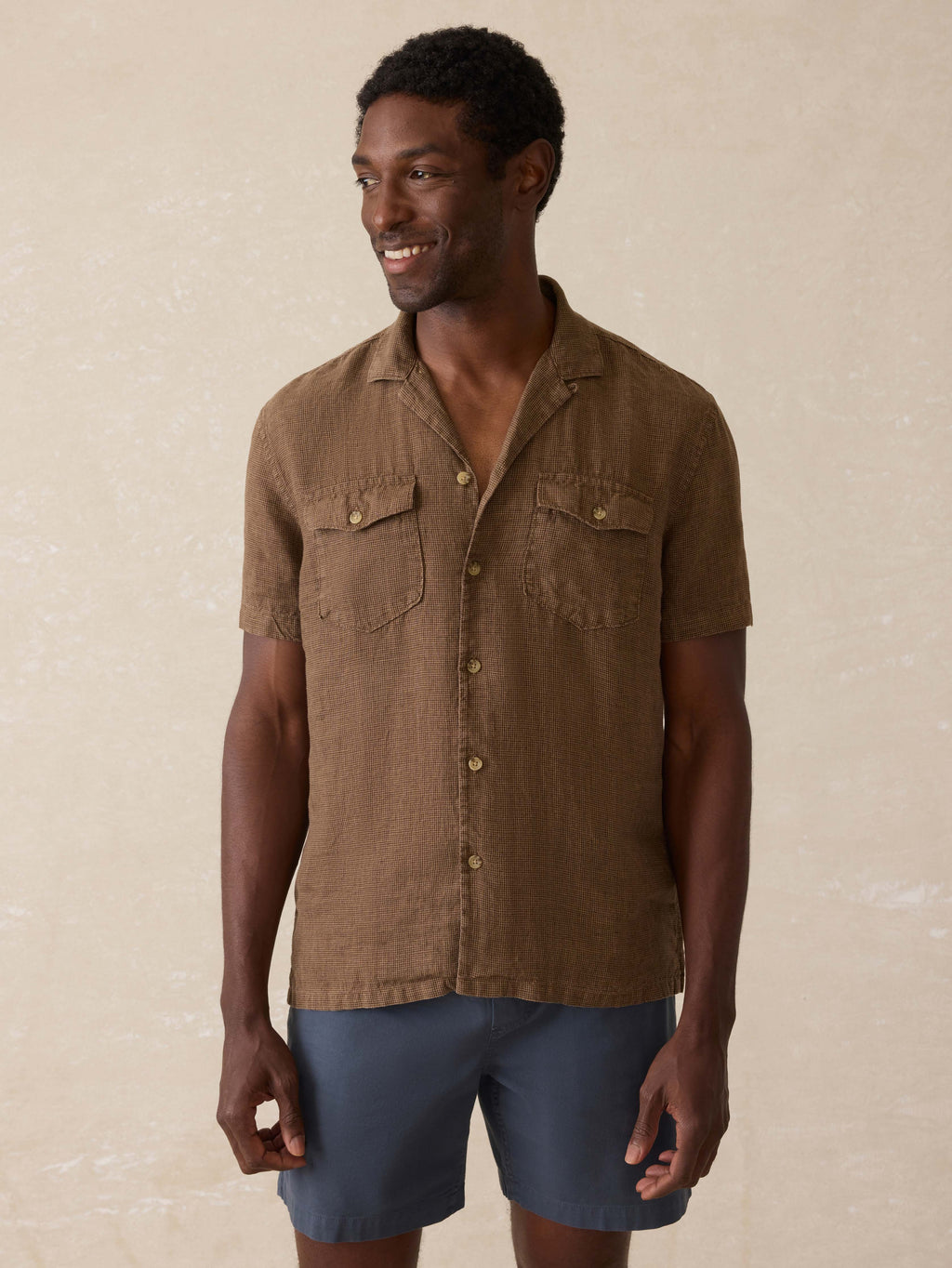 Short- Sleeve Reserve Basque Camp Shirt - Dark Oakwood Pincheck