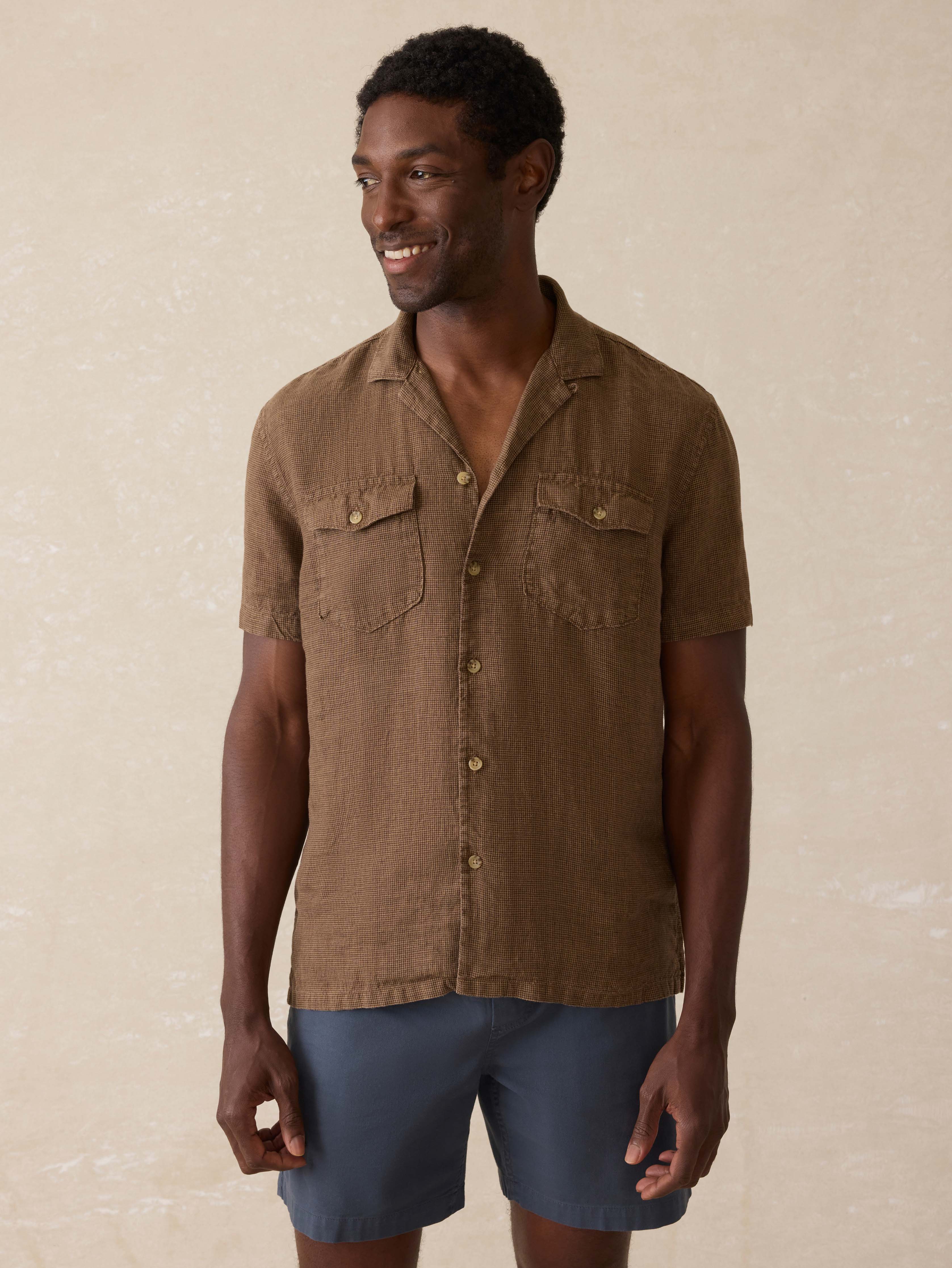Short- Sleeve Reserve Basque Camp Shirt - Dark Oakwood Pincheck