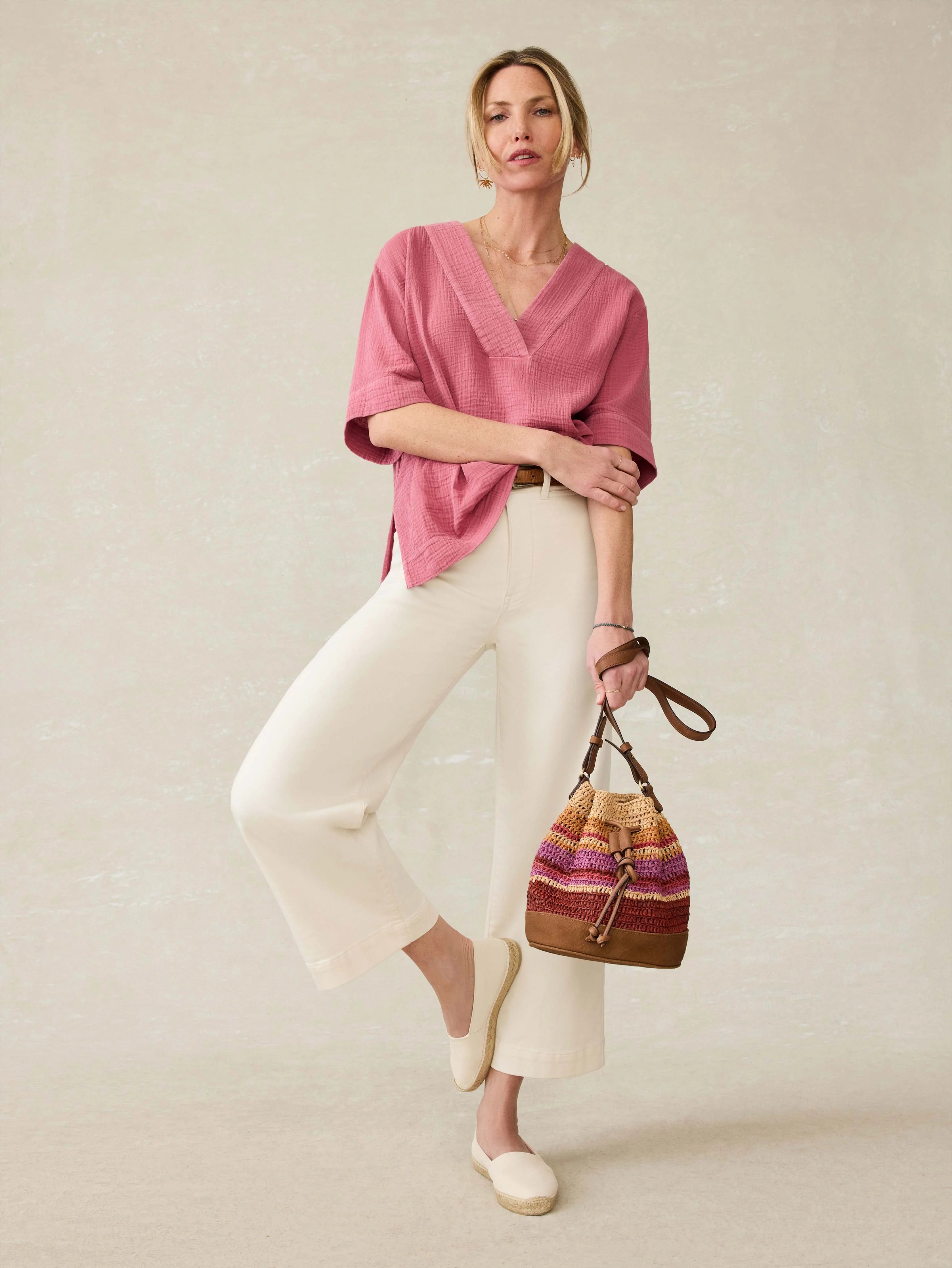 Striped Raffia Drawstring Bucket Bag - Sunrise Stripe Secondary image