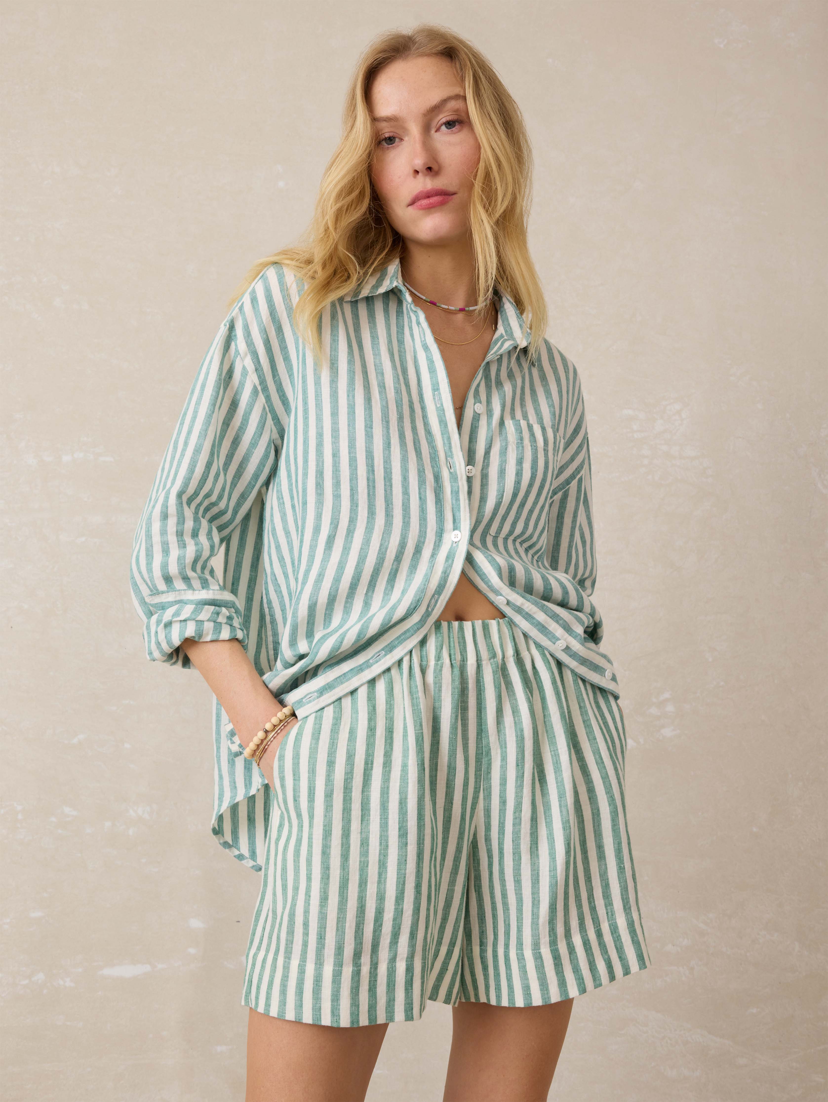 Laguna Linen Bayview Short - Deep Jungle Lucy Stripe Main image