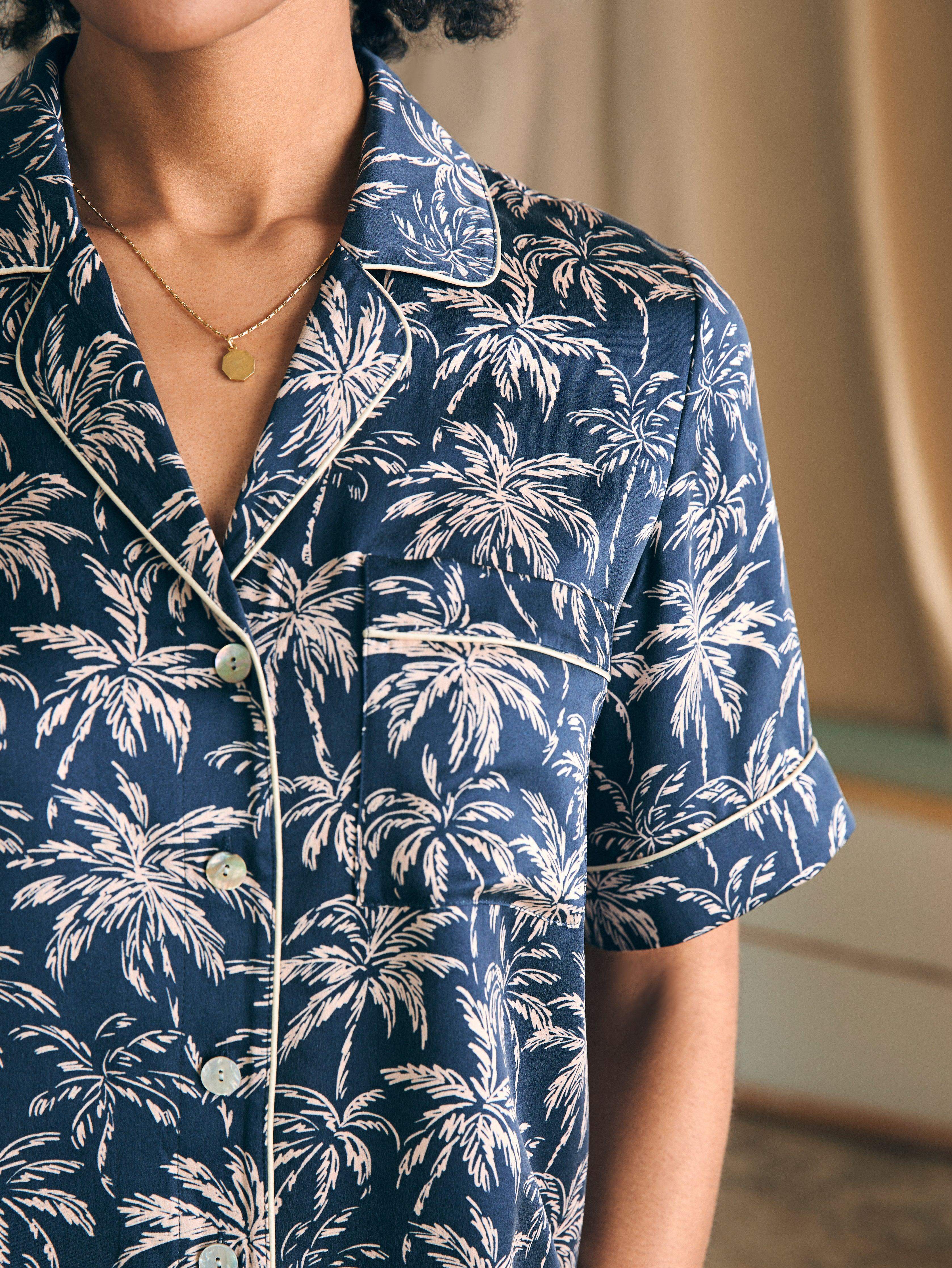 Sandwashed Silk Short Sleeve Pajama Set - Navy Tropic Trees Secondary image