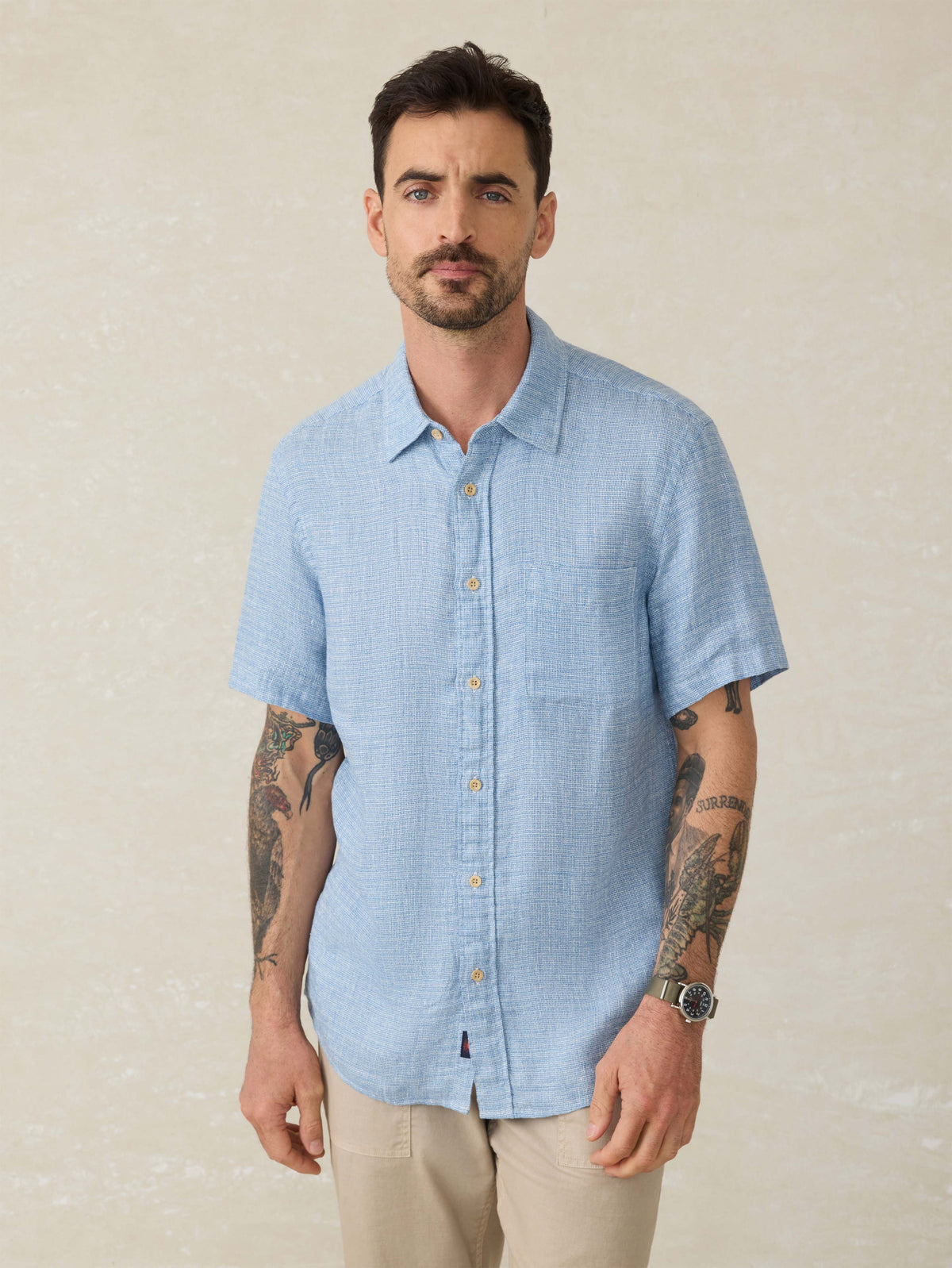 Short-Sleeve Palma Linen Shirt - Blue Basketweave Main image