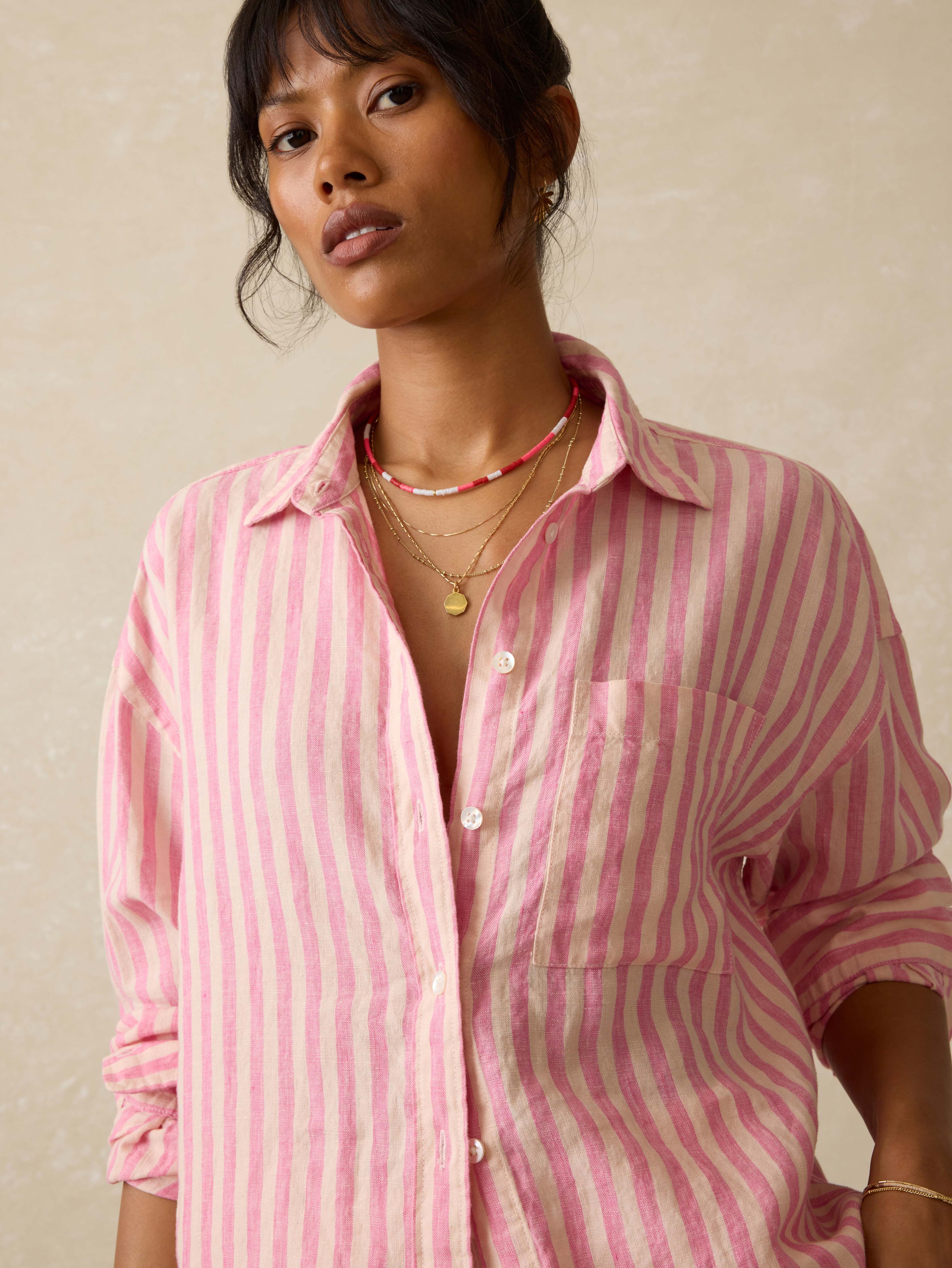 Laguna Linen Relaxed Shirt - Pink Lucy Stripe Secondary image