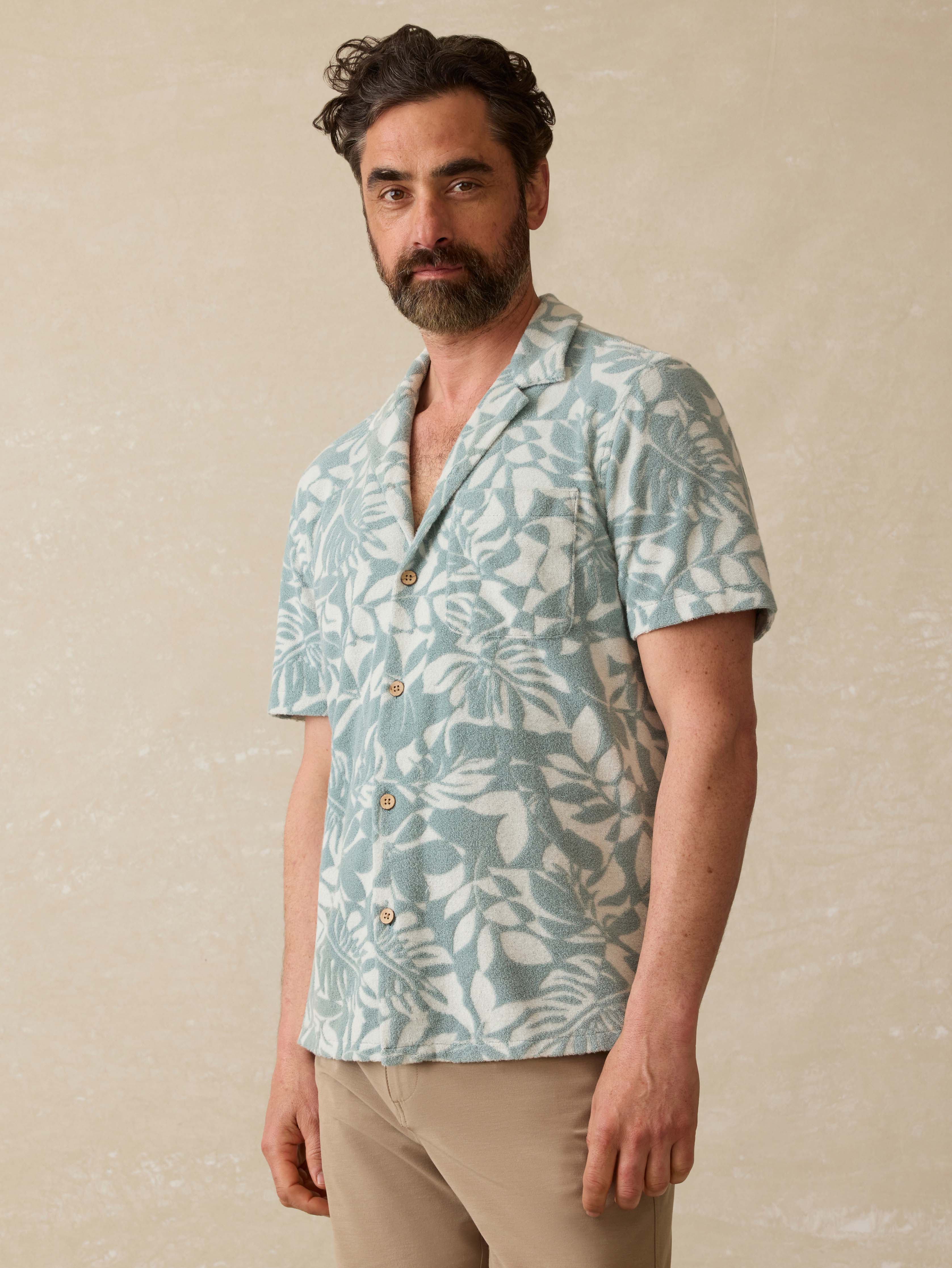 Short-Sleeve Cabana Towel Terry Shirt - Poolside Foliage Teal Main image