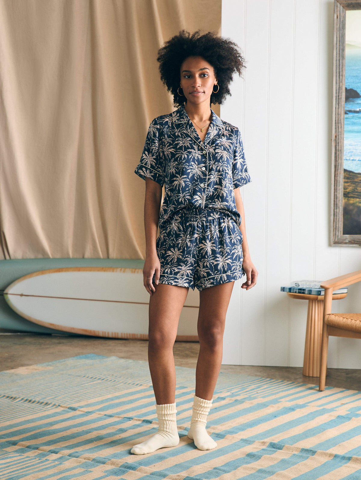 Sandwashed Silk Short Sleeve Pajama Set - Navy Tropic Trees Main image