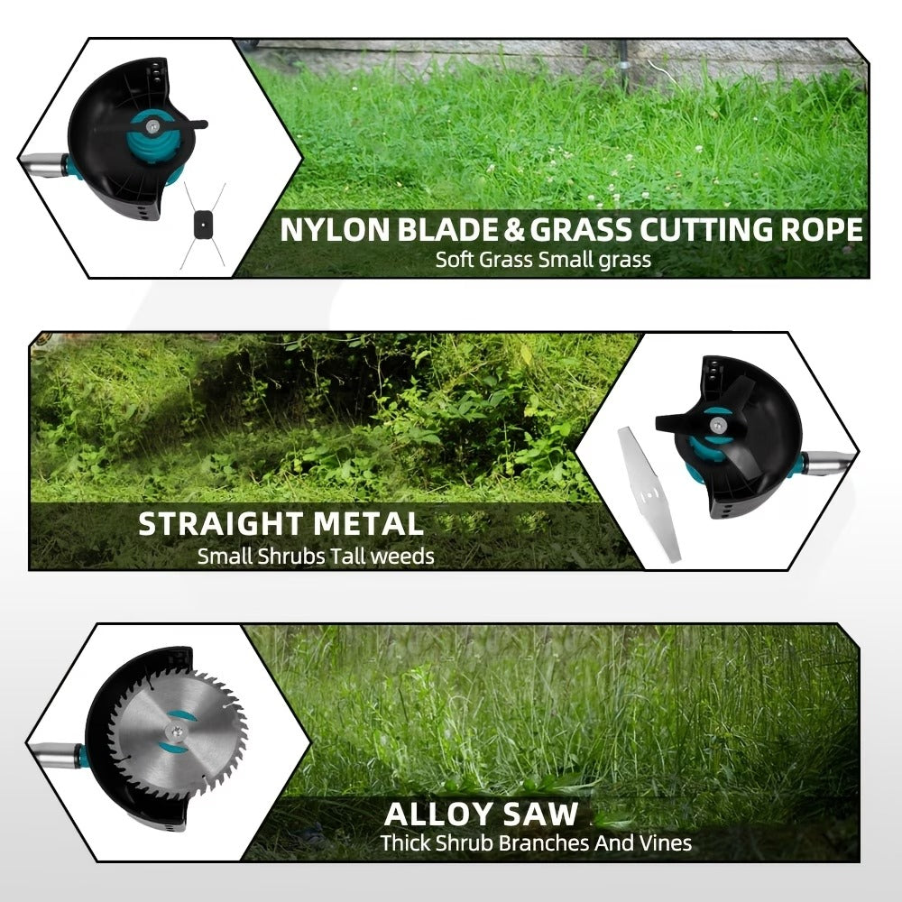 3-in-1 Cordless Grass Trimmer – 5 Blade Types, Telescopic Shaft, Adjustable Angle